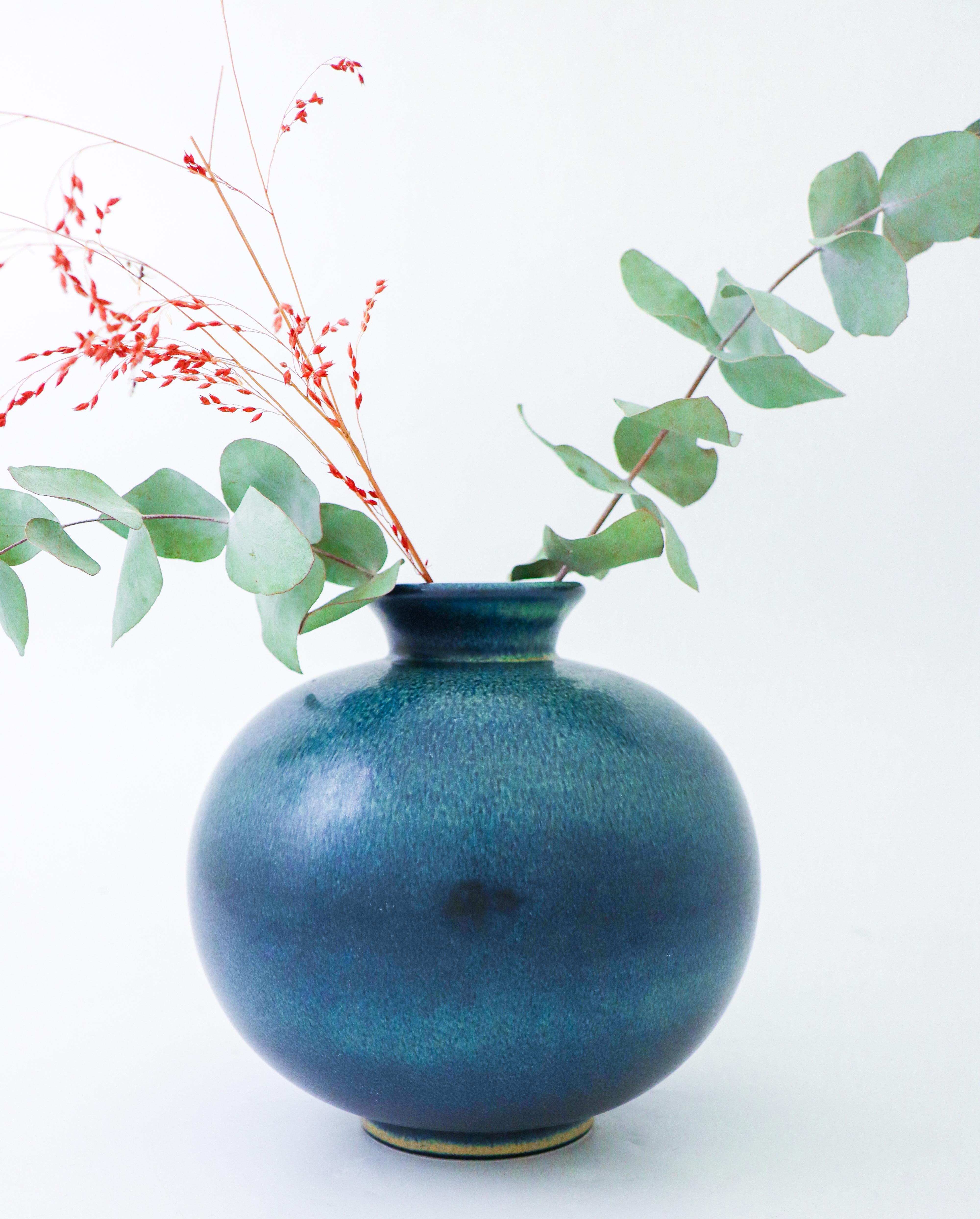 Glazed Blue & Green, Globose Ceramic vase - Gunnar Nylund - Rörstrand Mid 20th century For Sale
