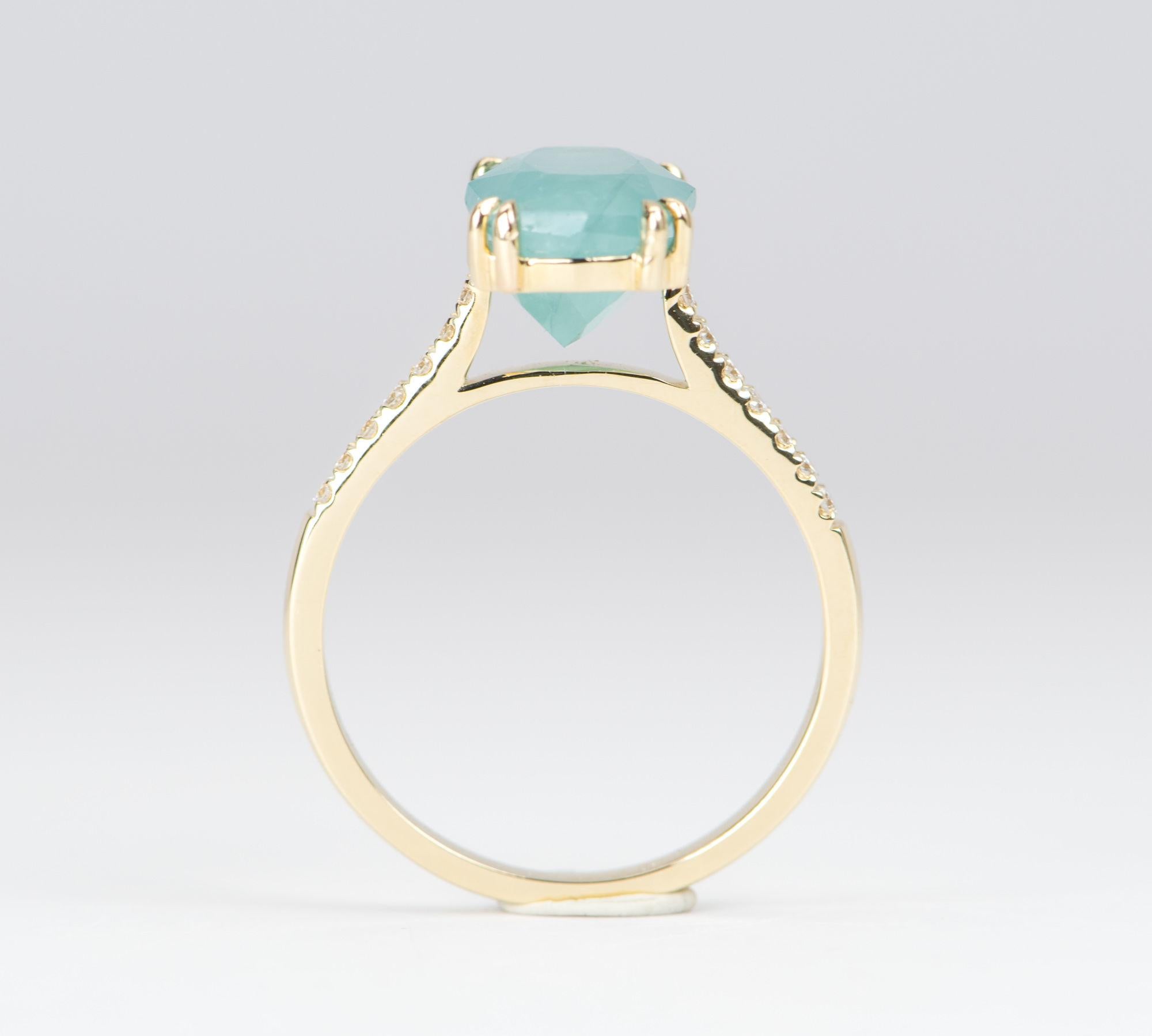 Modern Blue Green Grandidierite 14K Yellow Gold Engagement Ring Diamond Pave Band R6164