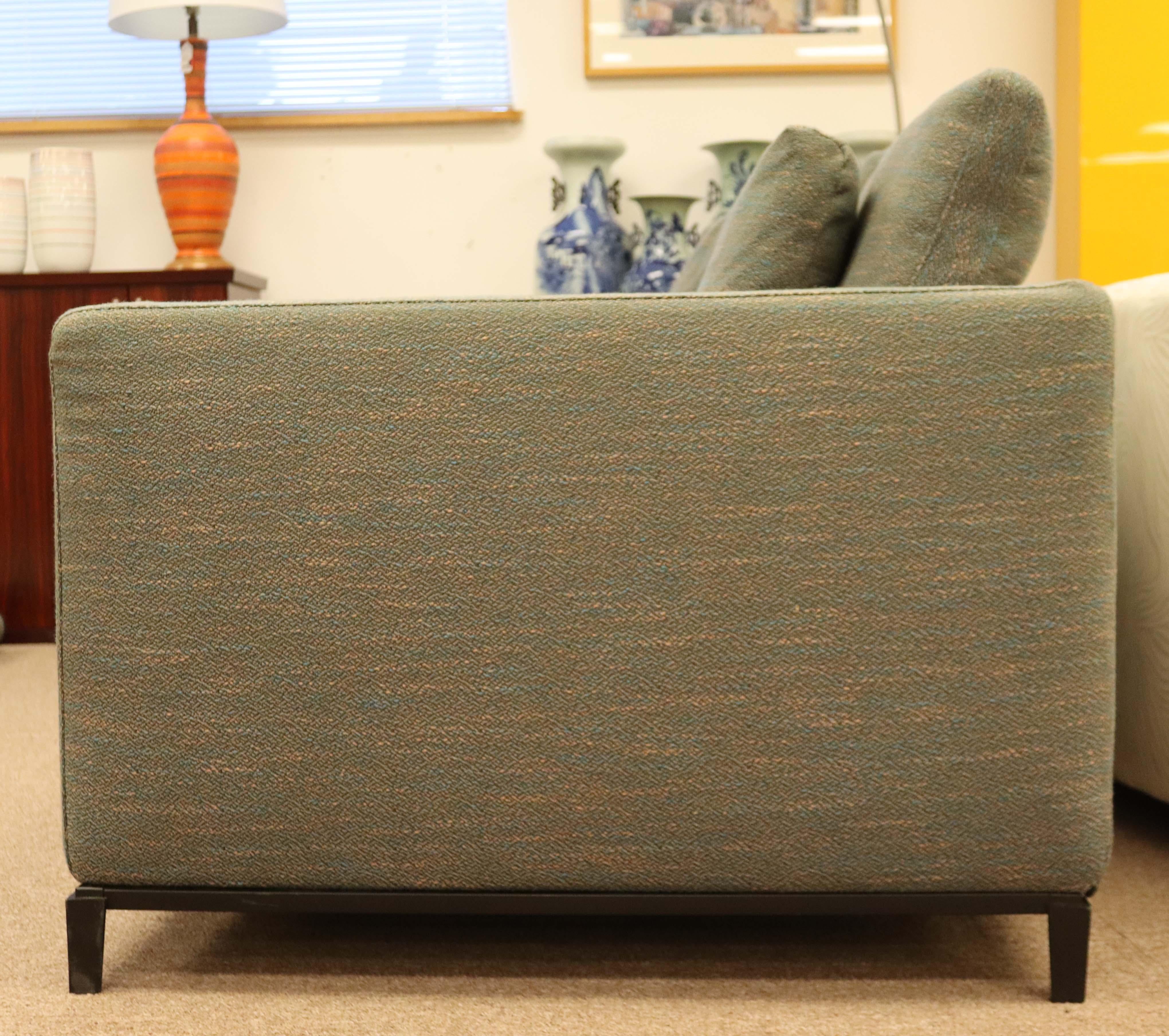 Upholstery Blue Green Grey Sofa w Black Metal Base Modern Contemporary Transitional