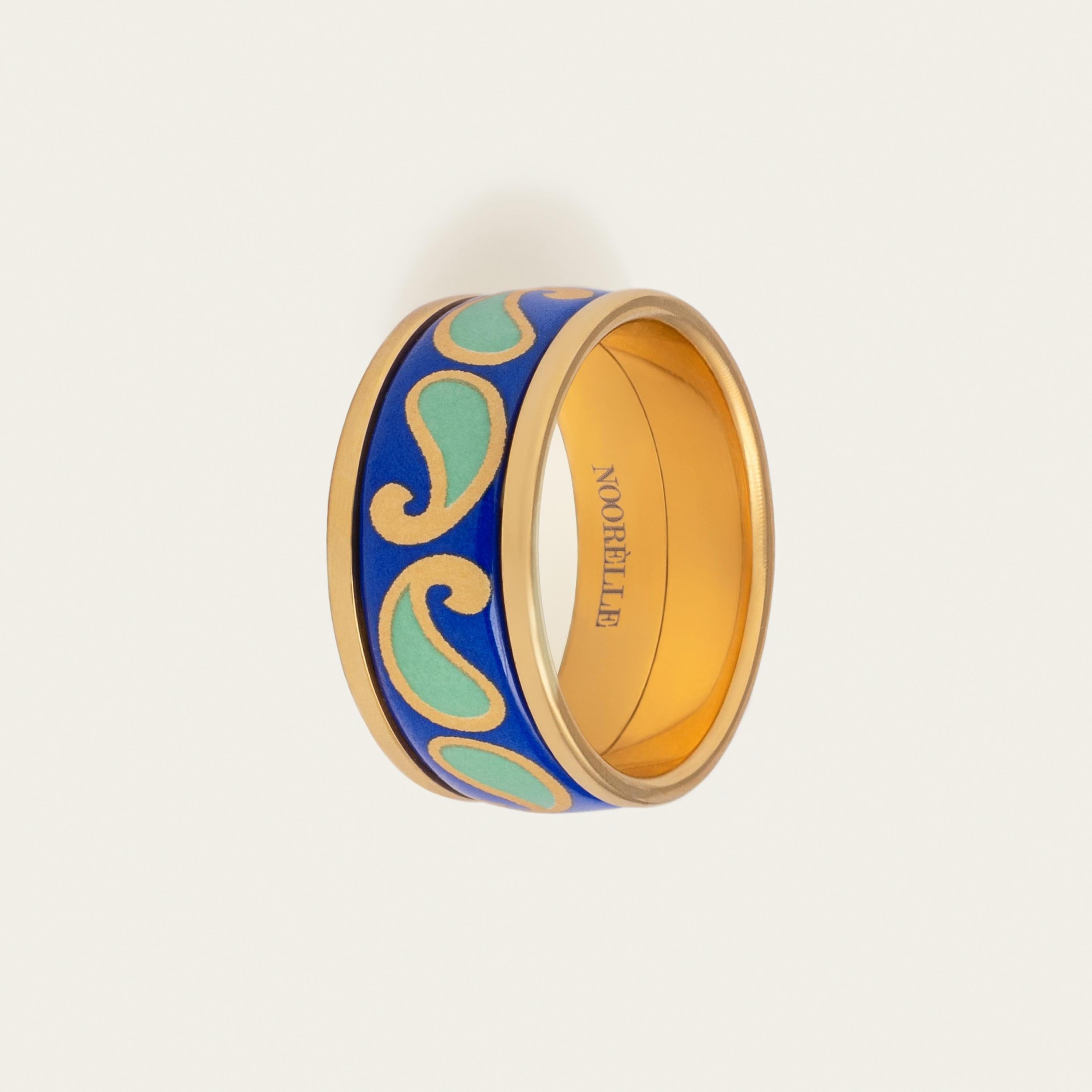 Blue Green Hand Painted Gold Plated Stainless Steel Band Ring In New Condition For Sale In Woodbridge, CA