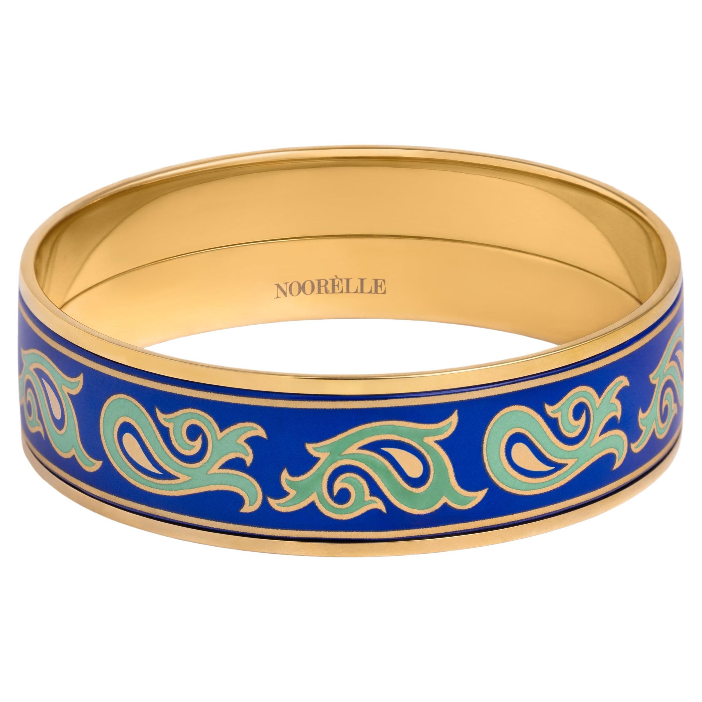 Blue Green Hand Painted Gold Plated Stainless Steel Bangle w/ Fire Enamel Detail For Sale