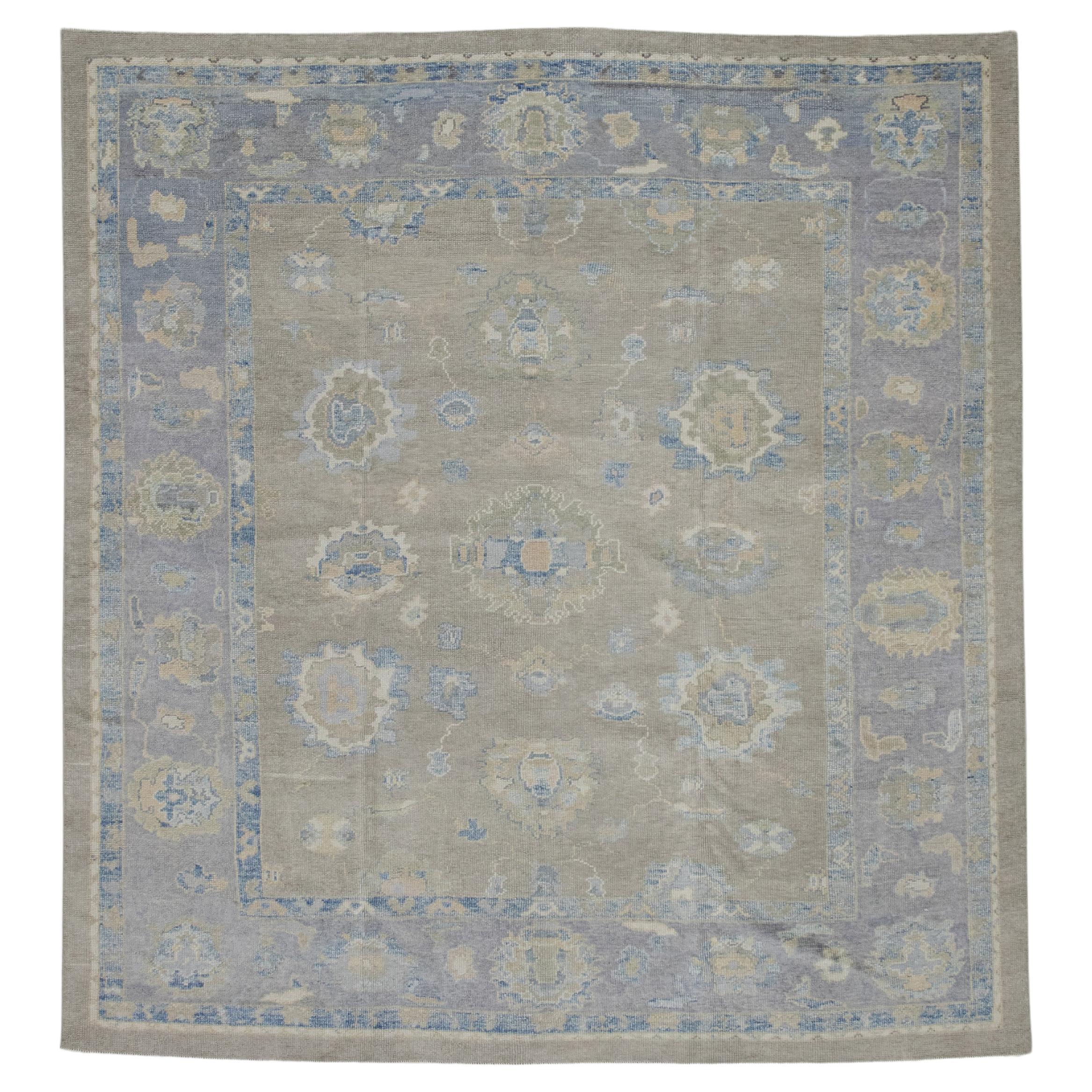 Blue & Green Handwoven Wool Turkish Oushak Rug 8'5" X 8'10" For Sale
