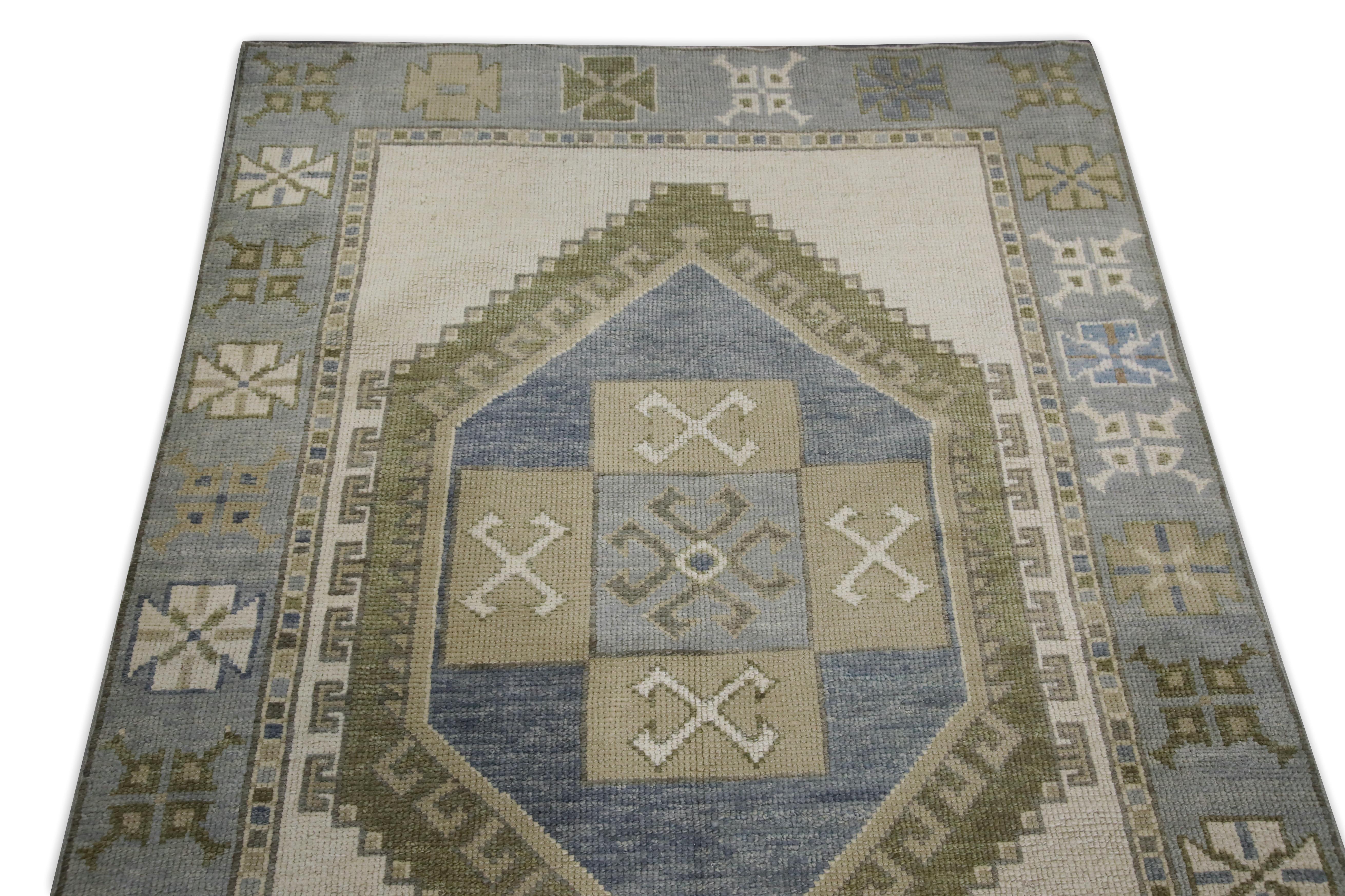 Alfombra Turca Oushak de Lana Tejida a Mano Azul y Verde 3'11