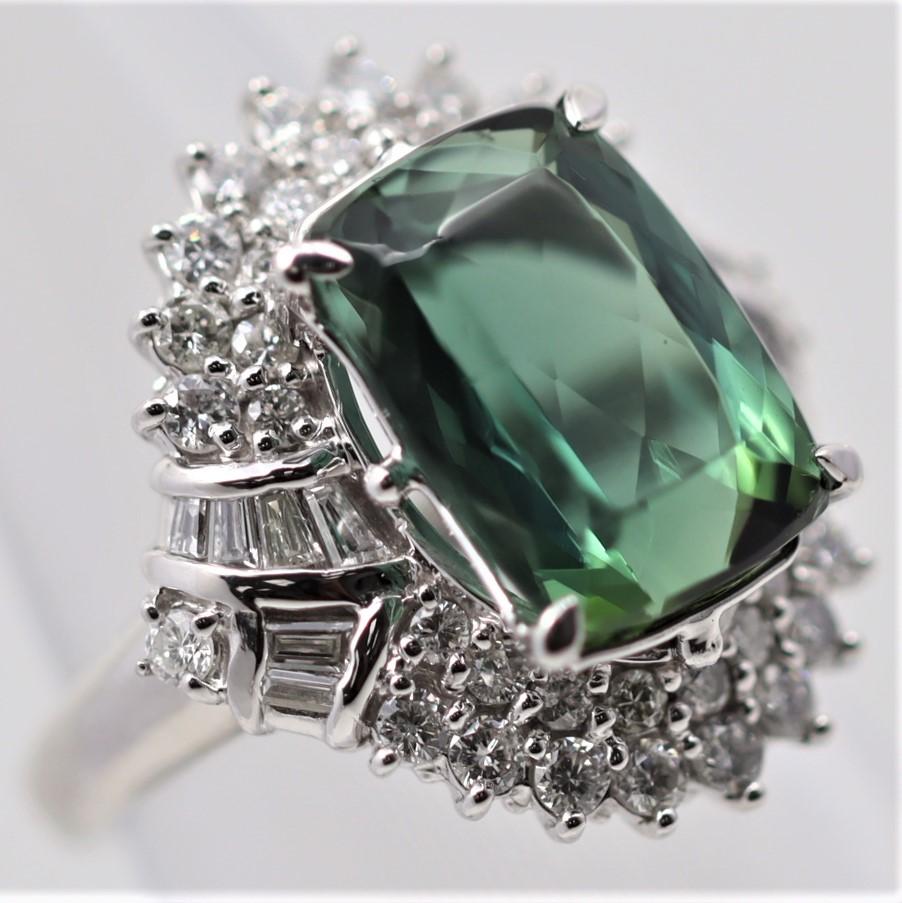 Mixed Cut Blue-Green Indicolite Tourmaline Diamond Platinum Cocktail Ring For Sale