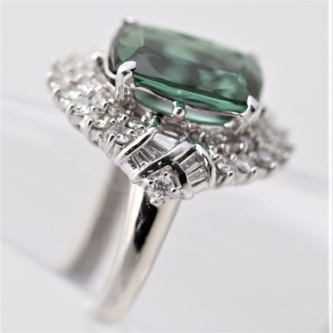 Blue-Green Indicolite Tourmaline Diamond Platinum Cocktail Ring In New Condition For Sale In Beverly Hills, CA