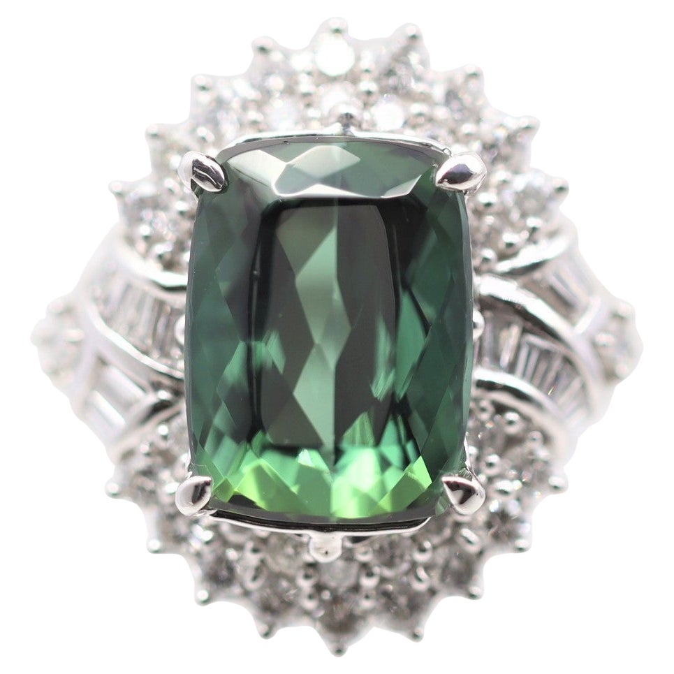 Bague cocktail en platine, tourmaline indicolite bleu-vert et diamant