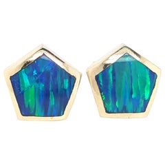 Blue Green Inlaid Opal Earrings Set in 14 Karat Yellow Gold Bezels