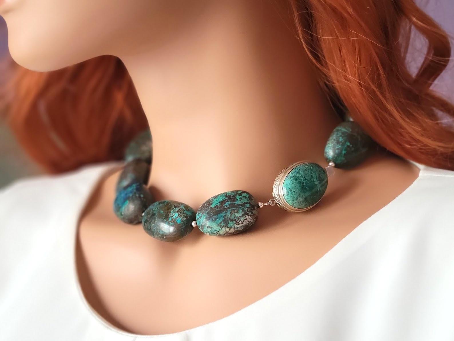 Blue Green Large Arizona Chrysocolla Necklace In New Condition For Sale In Chesterland, OH