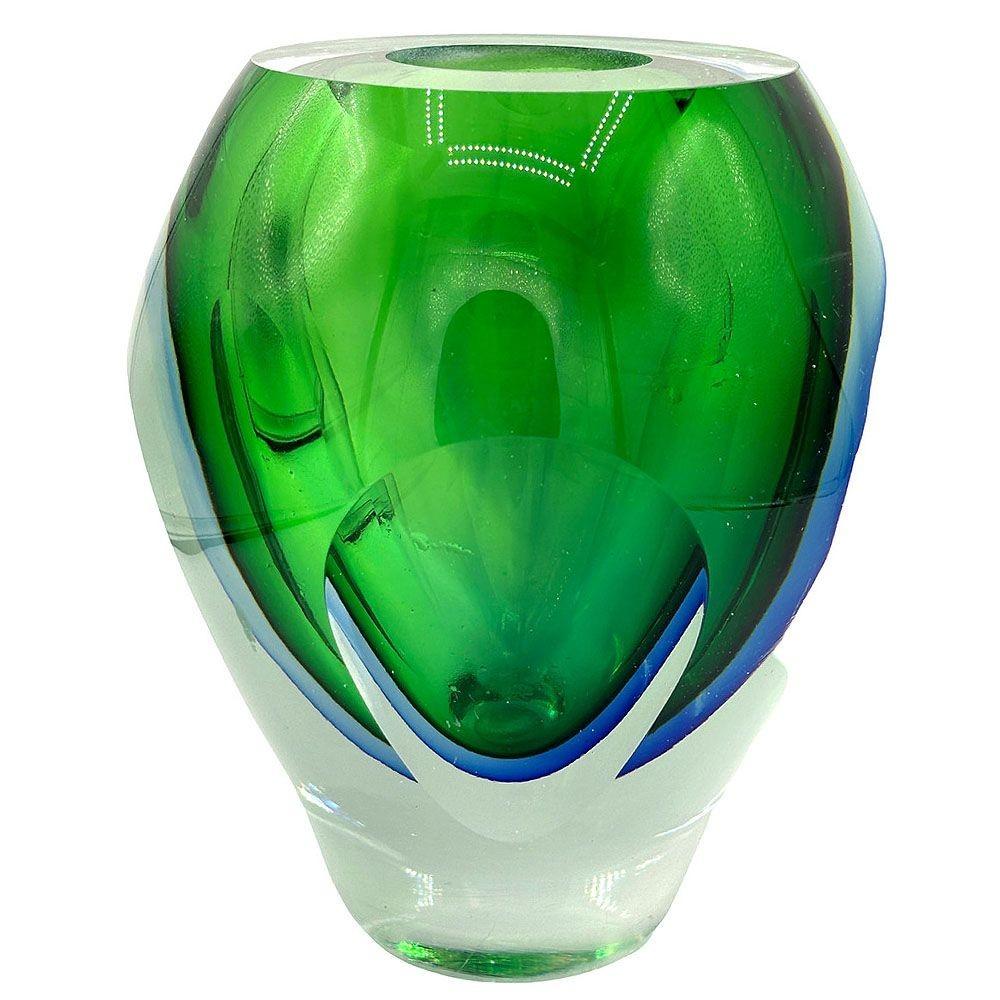 Swedish Blue & Green Lead Glass Candle Holder By Kosta Boda For Fifth Avenue NYC For Sale
