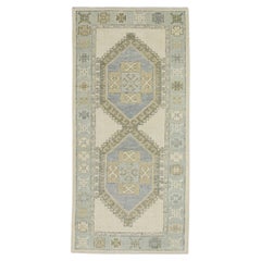 Blue & Green Medallion Design Handwoven Wool Turkish Oushak Rug 3' x 6'4" 