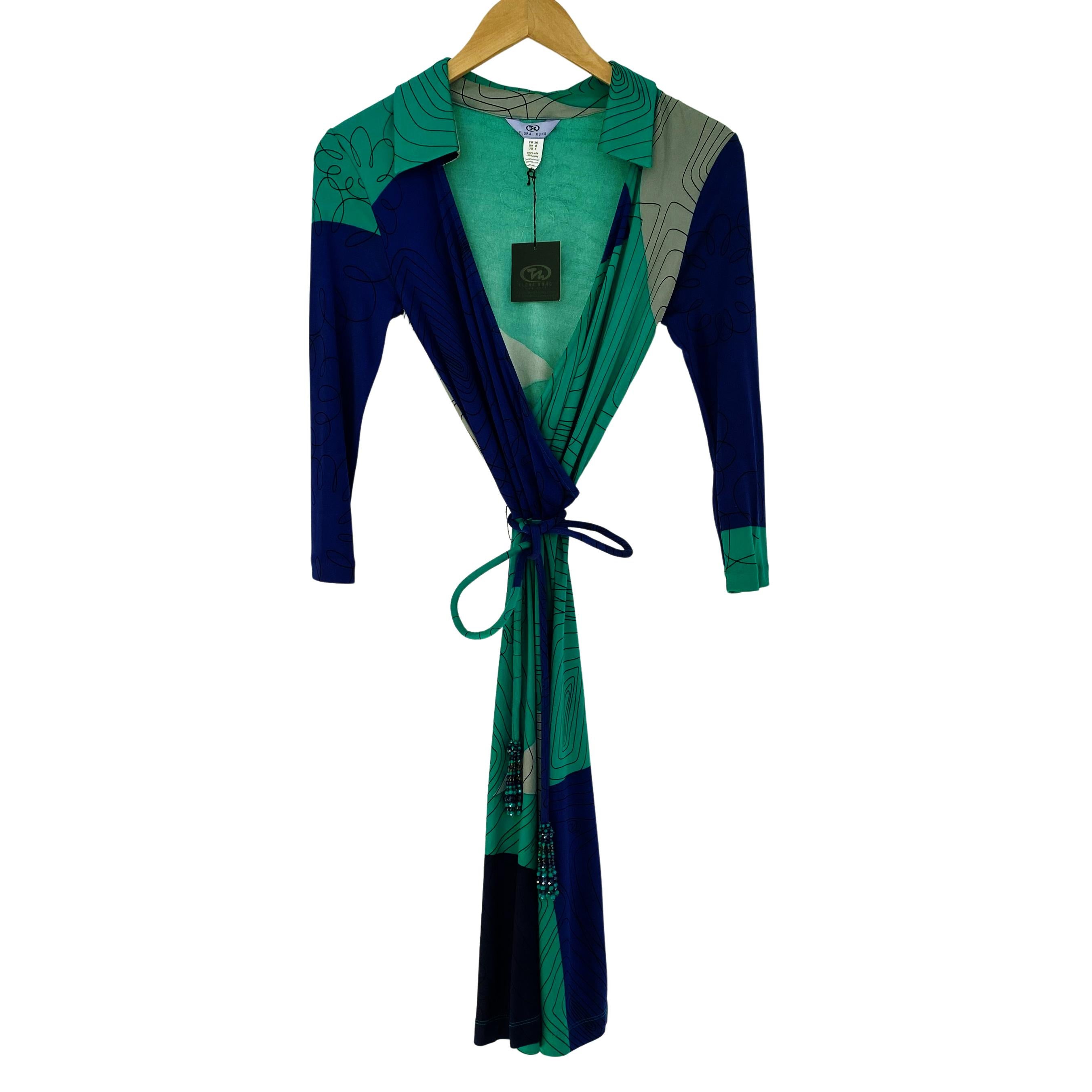 Black Blue Green Mock Wrap Flora Kung Silk dress + detachable cord belt NWT  For Sale