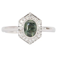 Used Blue Green Montana Sapphire with Diamond Halo 14k White Gold Engagement Ring