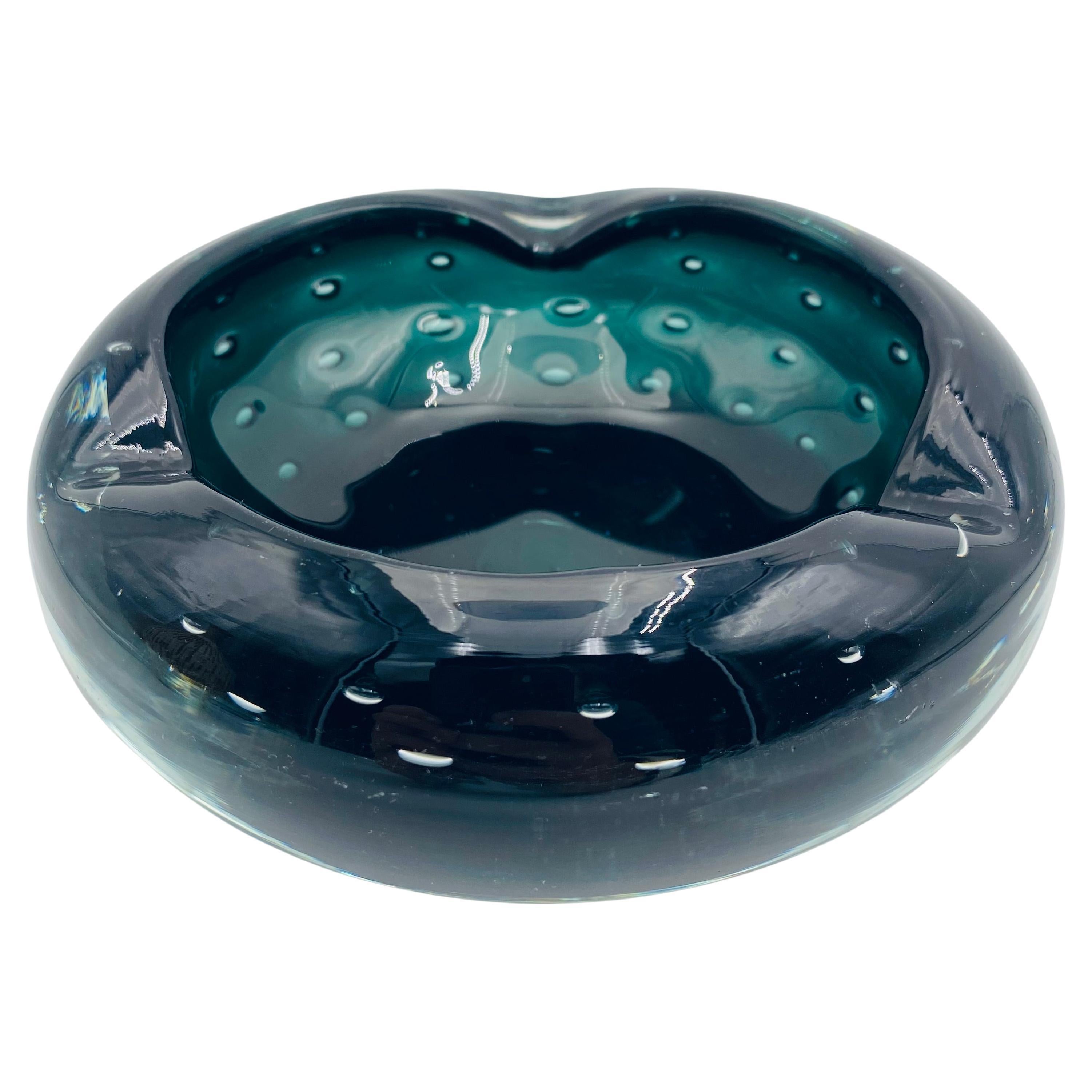Blue Green Murano Ashtray with Controlled Bubble Design by Seguso, circa 1950s