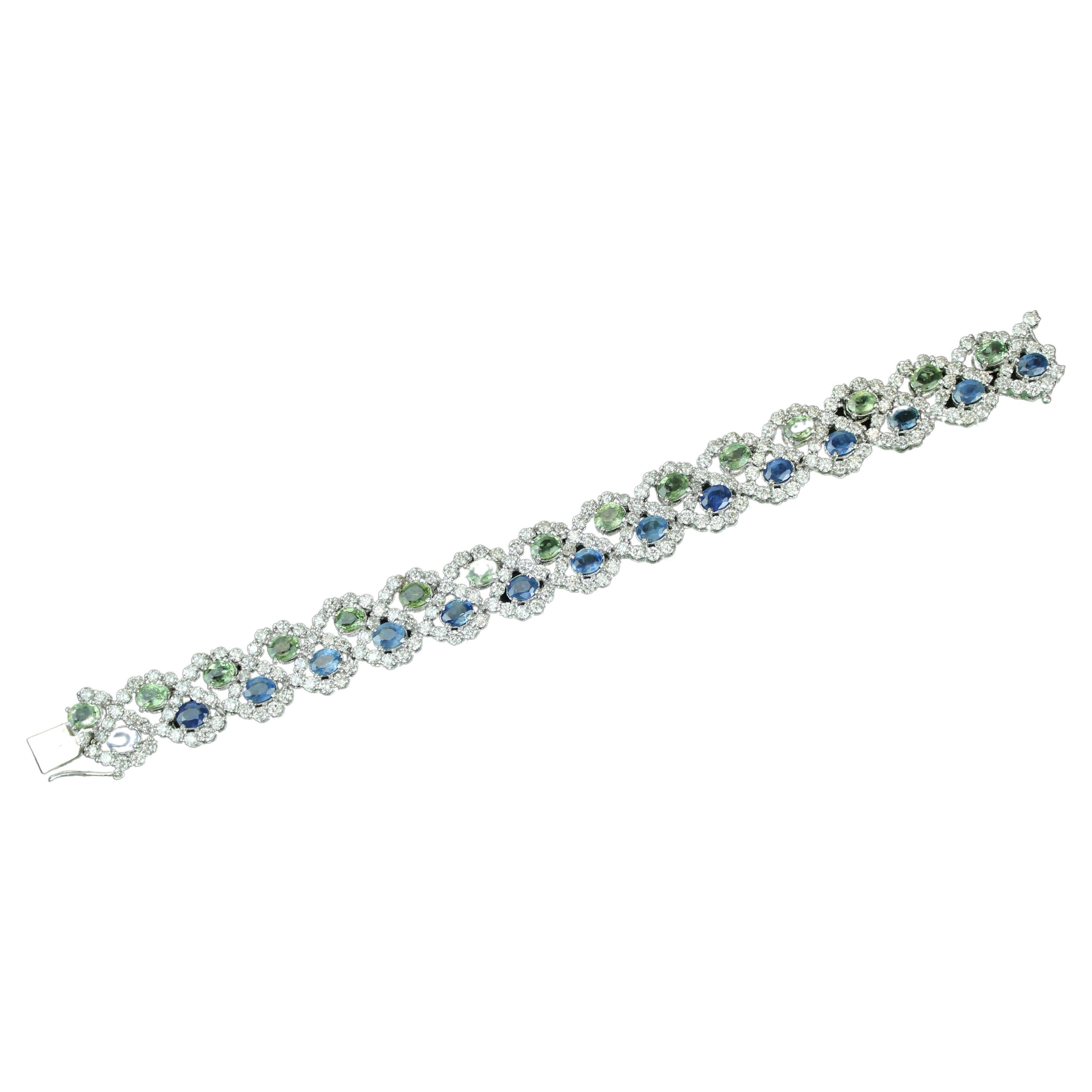 Bracelet de tennis en or massif 18k serti de saphirs naturels bleus et verts et de diamants