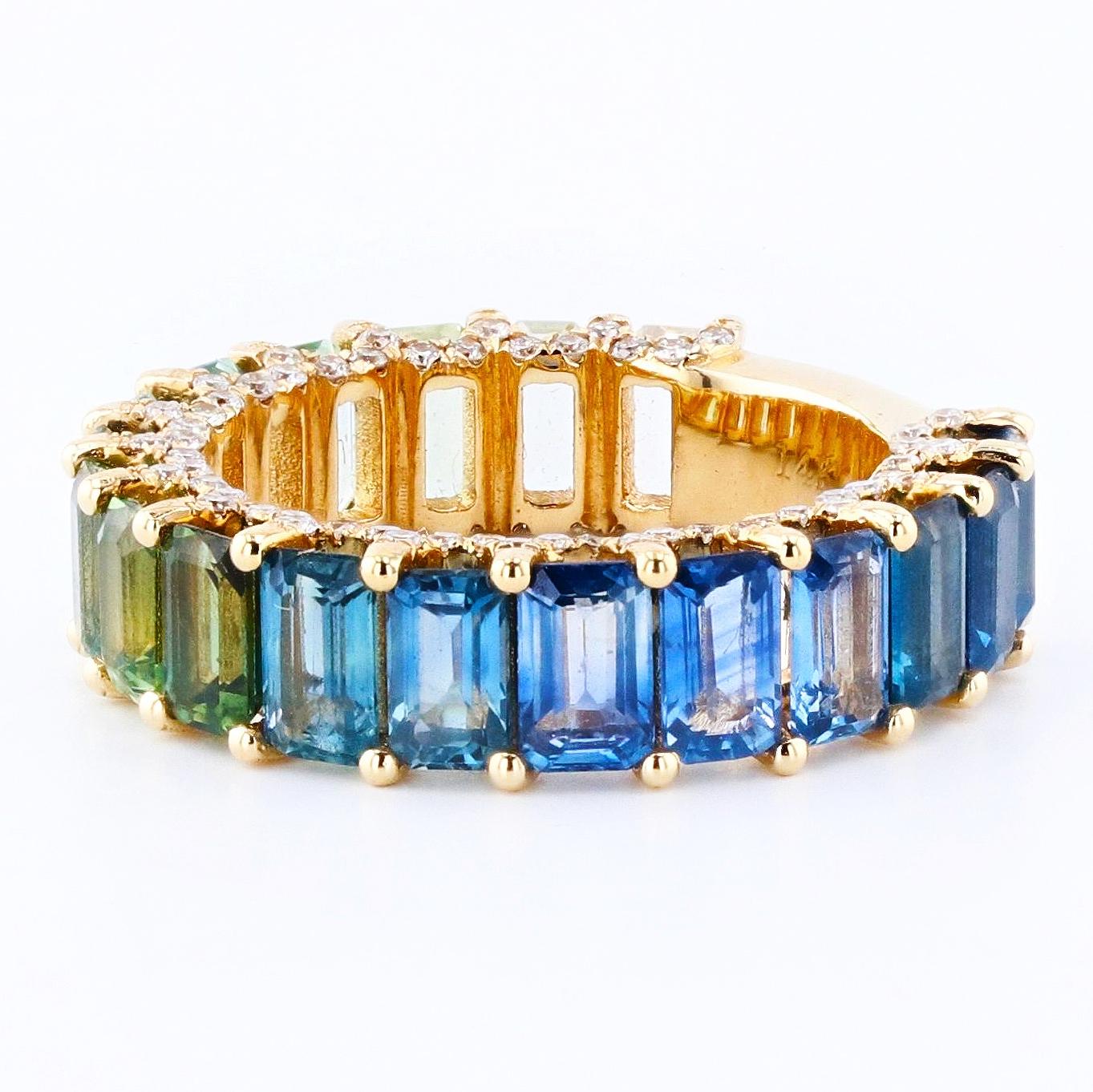 Emerald Cut Blue/Green Ombre Sapphire Eternity Band For Sale
