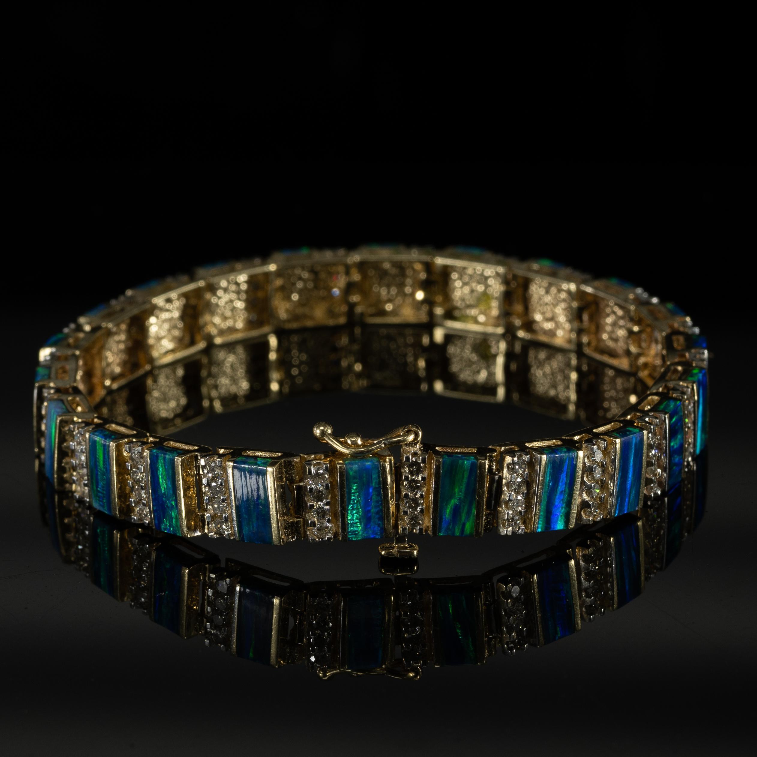 Brilliant Cut Blue Green Opal Bar and Diamond Bracelet in 14k Yellow Gold