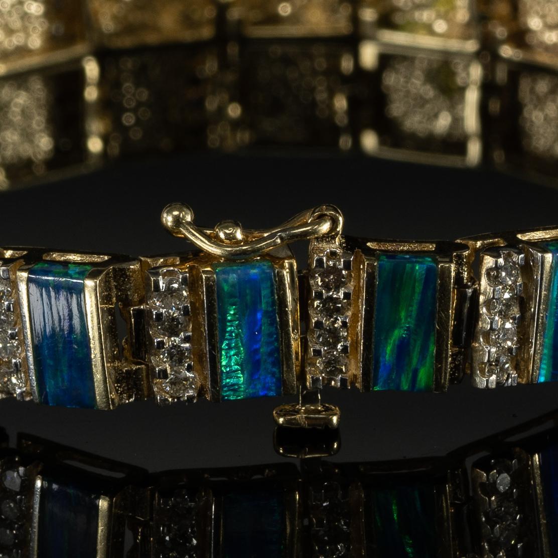 Blue Green Opal Bar and Diamond Bracelet in 14k Yellow Gold In Good Condition In Addison, TX