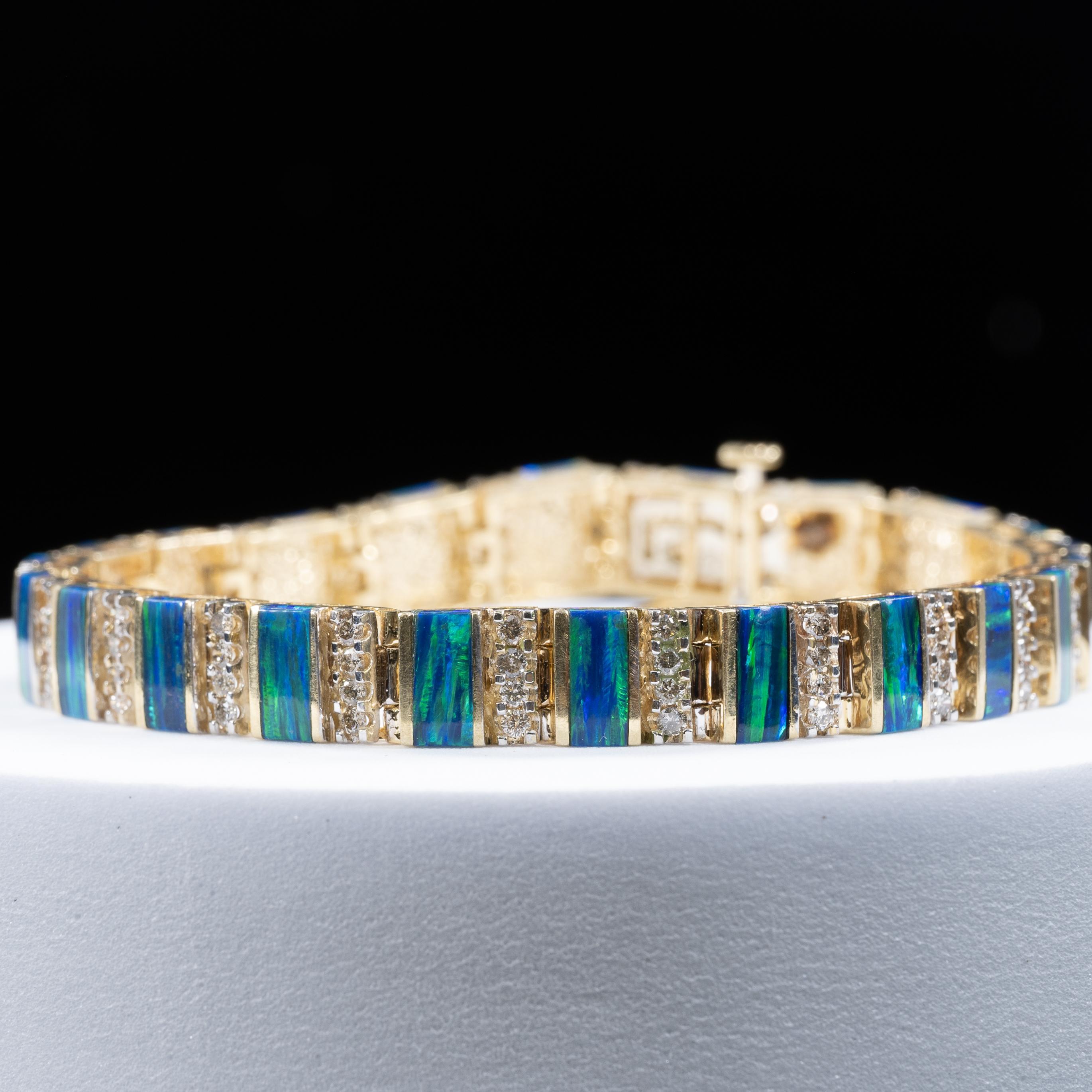 Women's Blue Green Opal Bar and Diamond Bracelet in 14k Yellow Gold