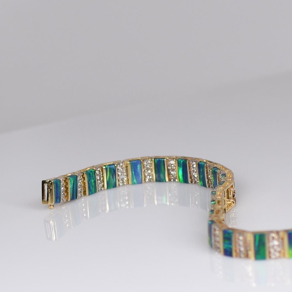 Blue Green Opal Bar and Diamond Bracelet in 14k Yellow Gold 1
