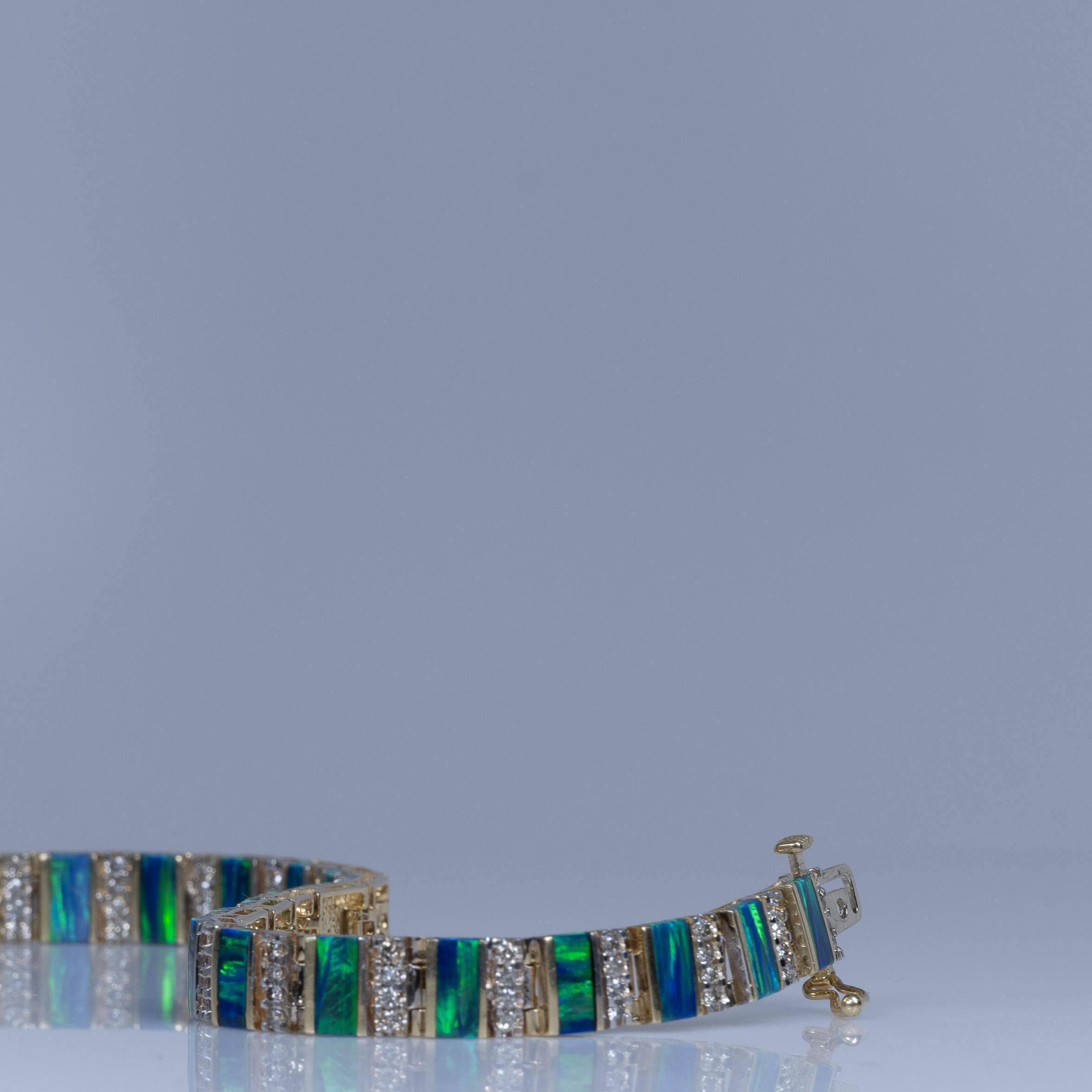 Blue Green Opal Bar and Diamond Bracelet in 14k Yellow Gold 2