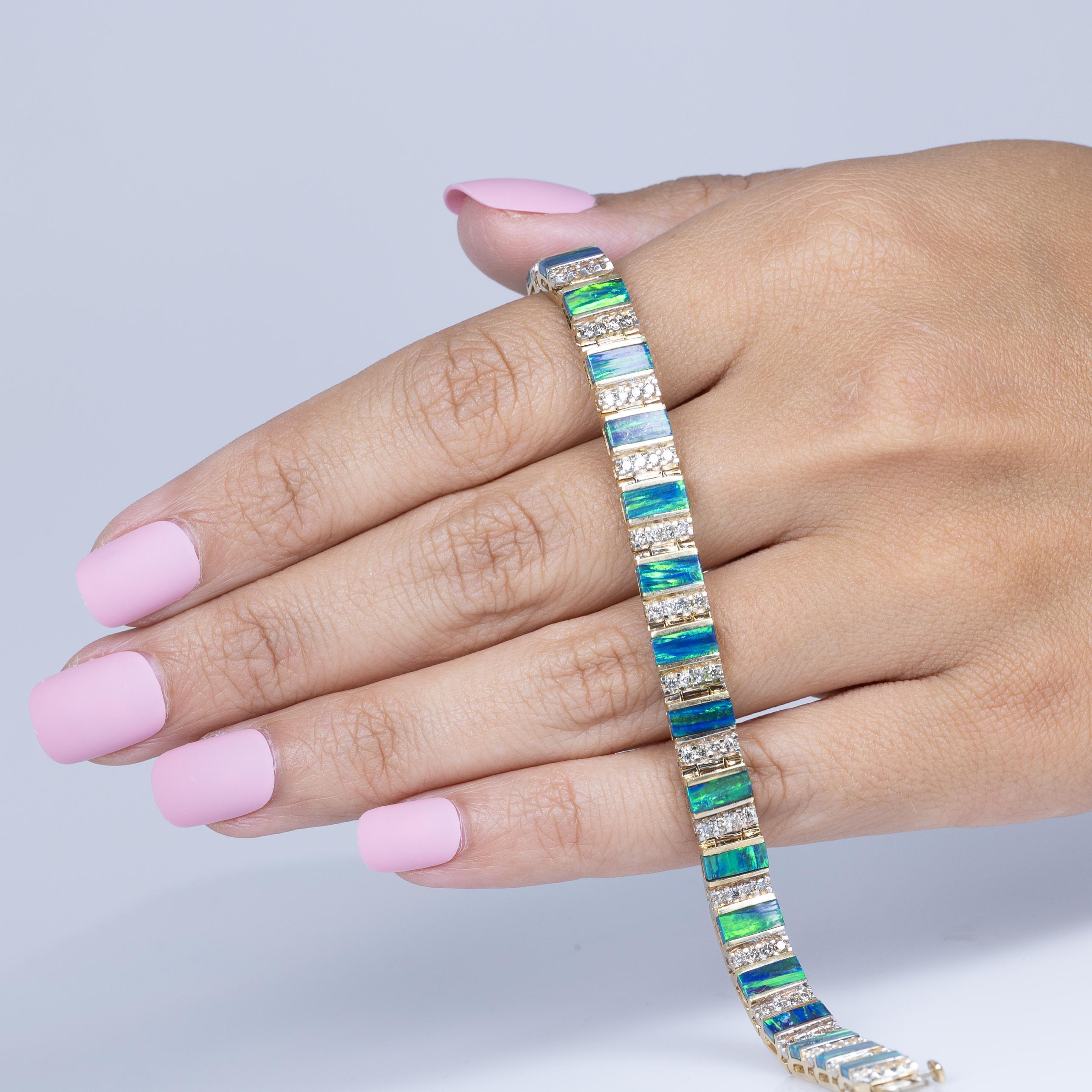 Blue Green Opal Bar and Diamond Bracelet in 14k Yellow Gold 3