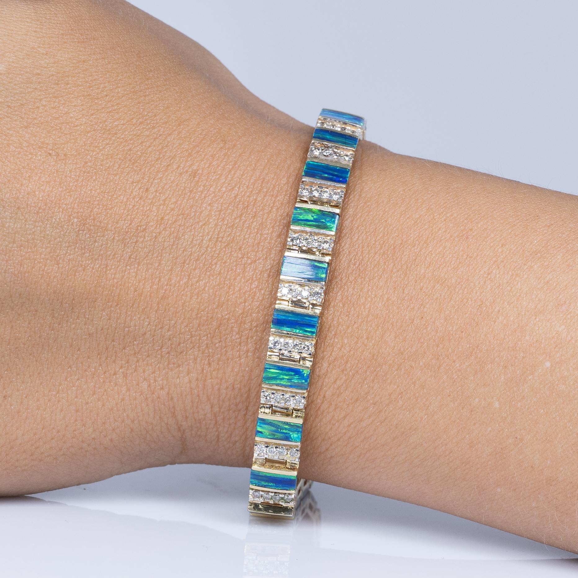 Blue Green Opal Bar and Diamond Bracelet in 14k Yellow Gold 4