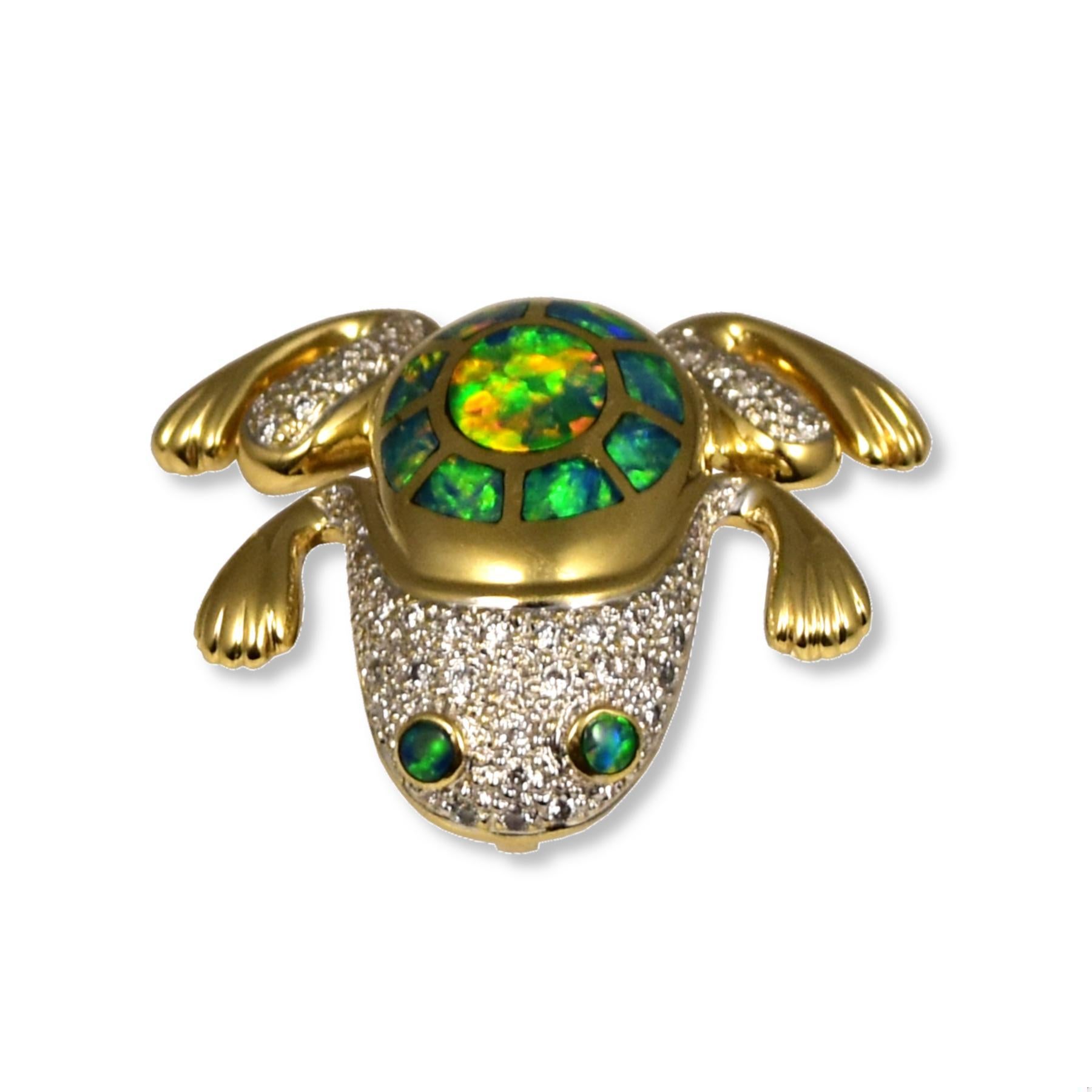 Colgante/alfiler de oro amarillo de 14 quilates con ópalo verde azulado y rana de diamantes Corte brillante en venta