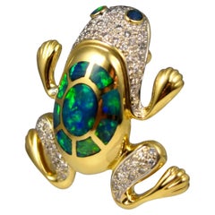 Blue-Green Opal & Diamond Frog in 14K Yellow Gold Pin/Pendant