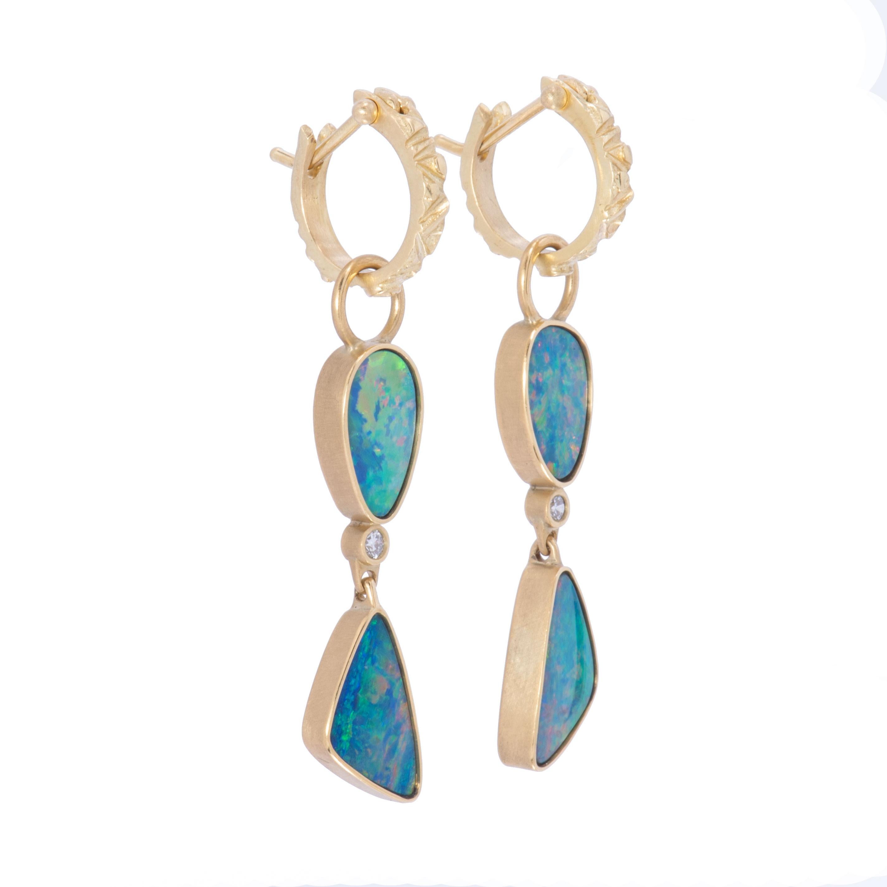Contemporary Blue Green Opal Two-Tiered Drop Earrings in 18 Karat Gold