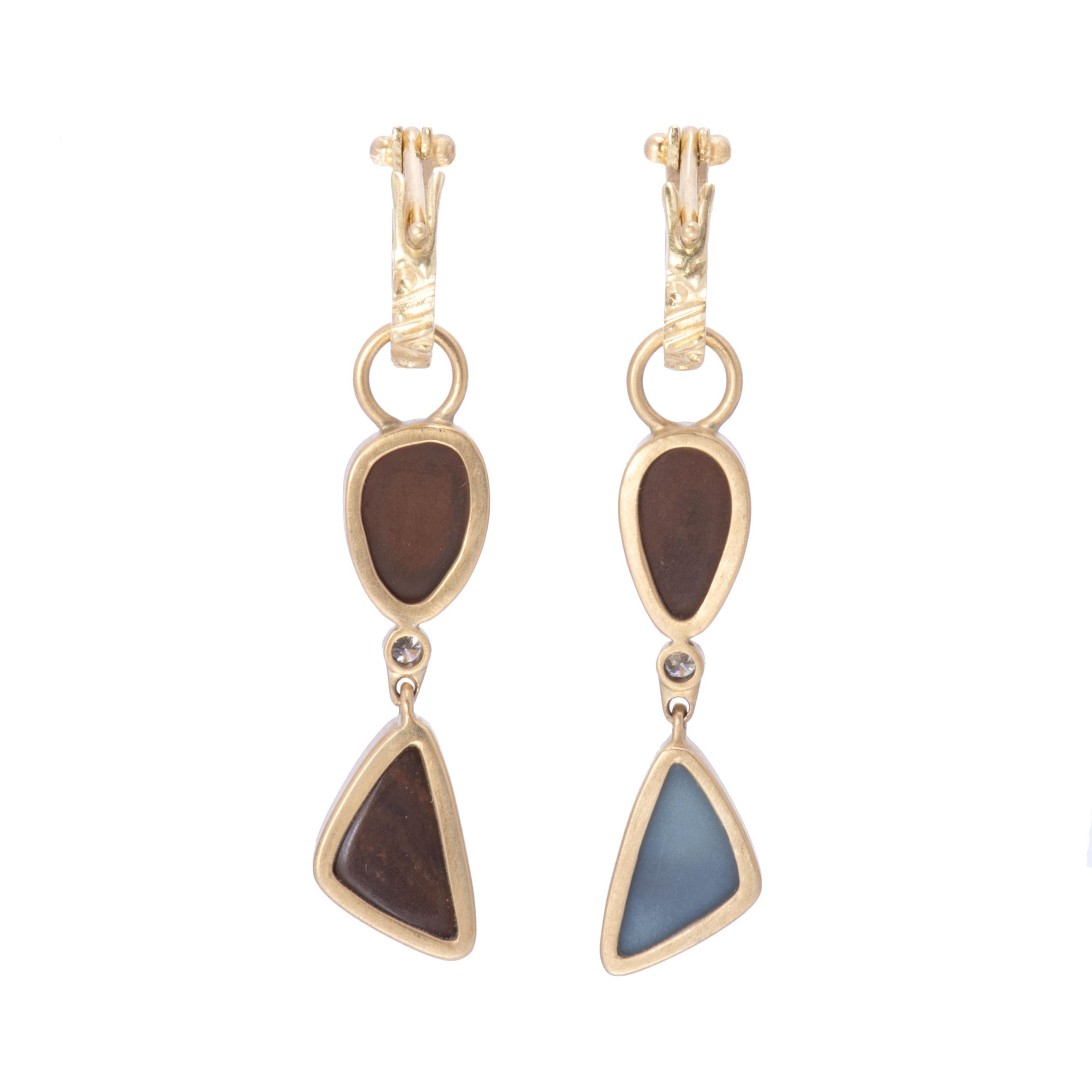 Women's or Men's Blue Green Opal Two-Tiered Drop Earrings in 18 Karat Gold