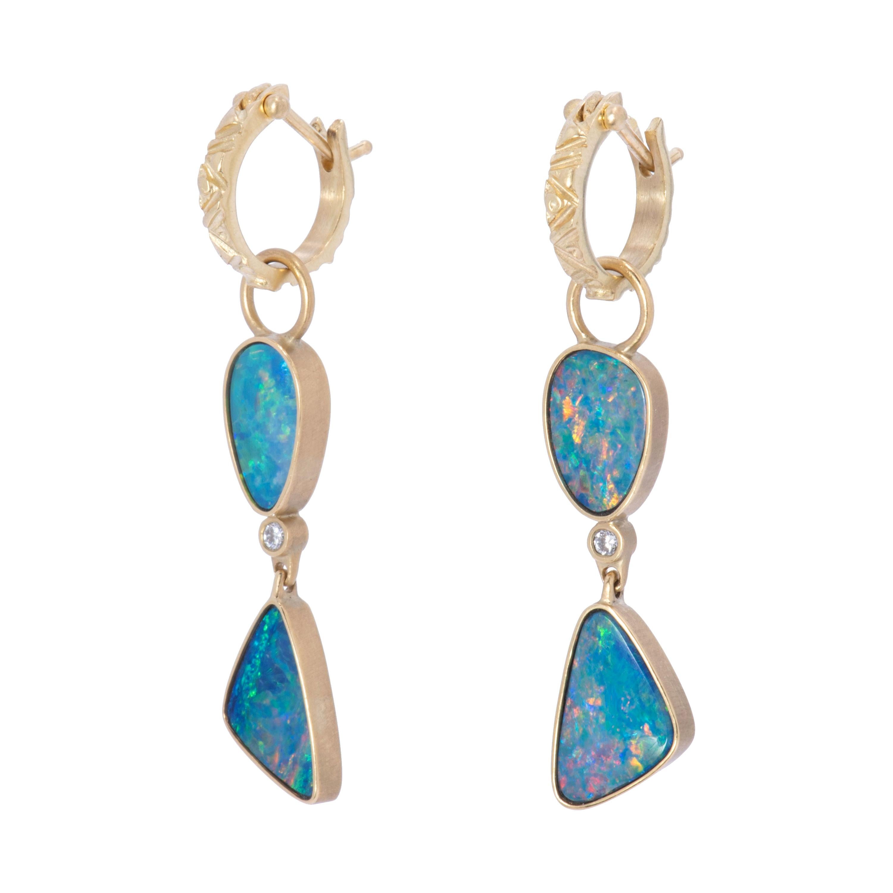 Blue Green Opal Two-Tiered Drop Earrings in 18 Karat Gold