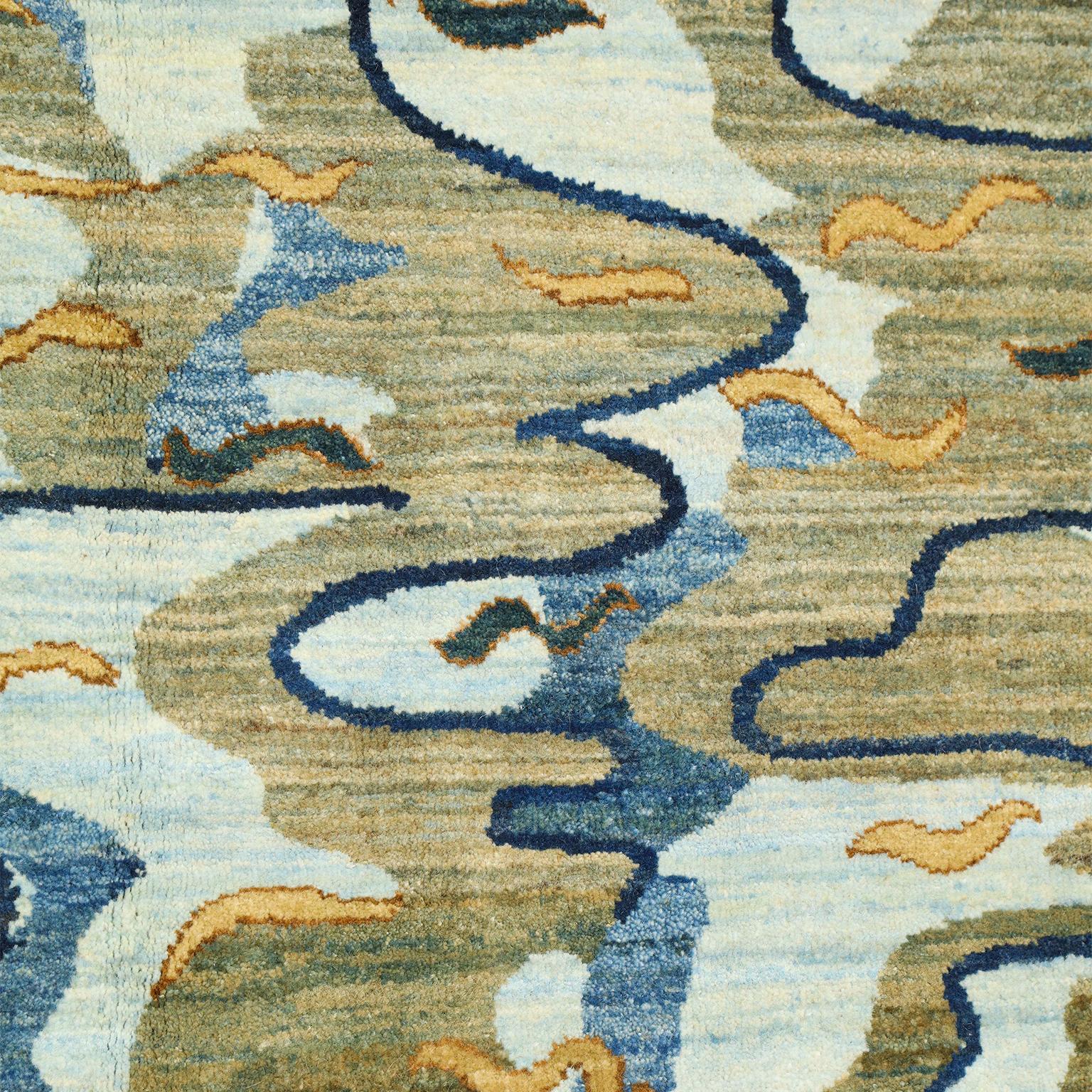 Wool Blue, Green, Orange, and Gold Art Nouveau Design Persian Carpet