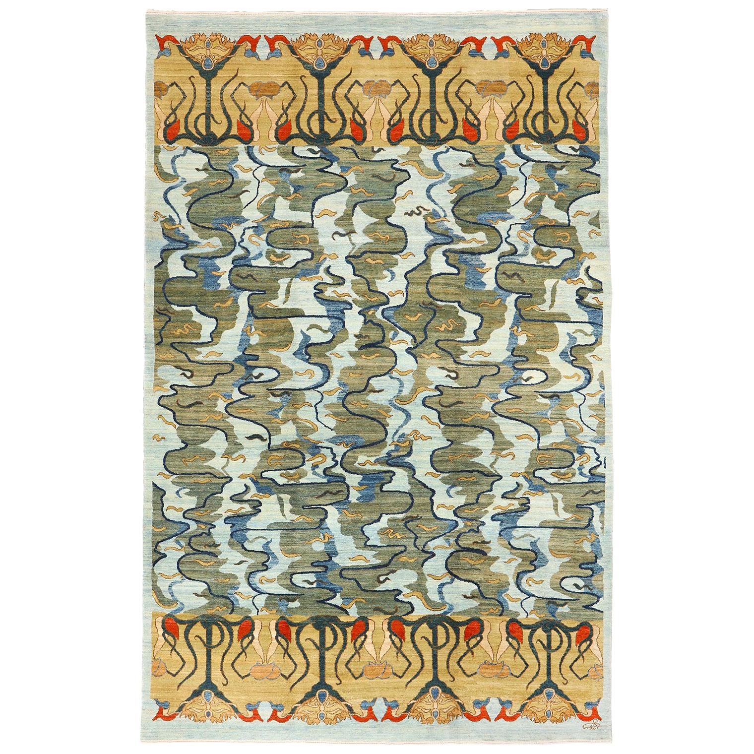 Blue, Green, Orange, and Gold Art Nouveau Design Persian Carpet