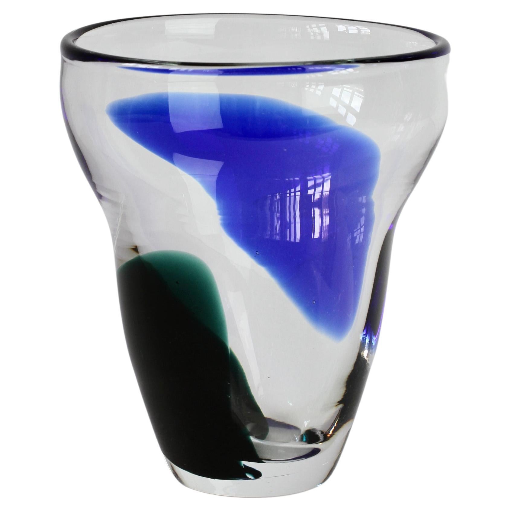 Stunning vintage Scandinavian mid-century clear glass vase with cobalt blue and emerald green 'patches' or inclusions made by Wiktor Berndt for Flygsfors Glass, Sweden, in 1958. A really stunning piece, reminiscent of the 'A Macchie' series of works