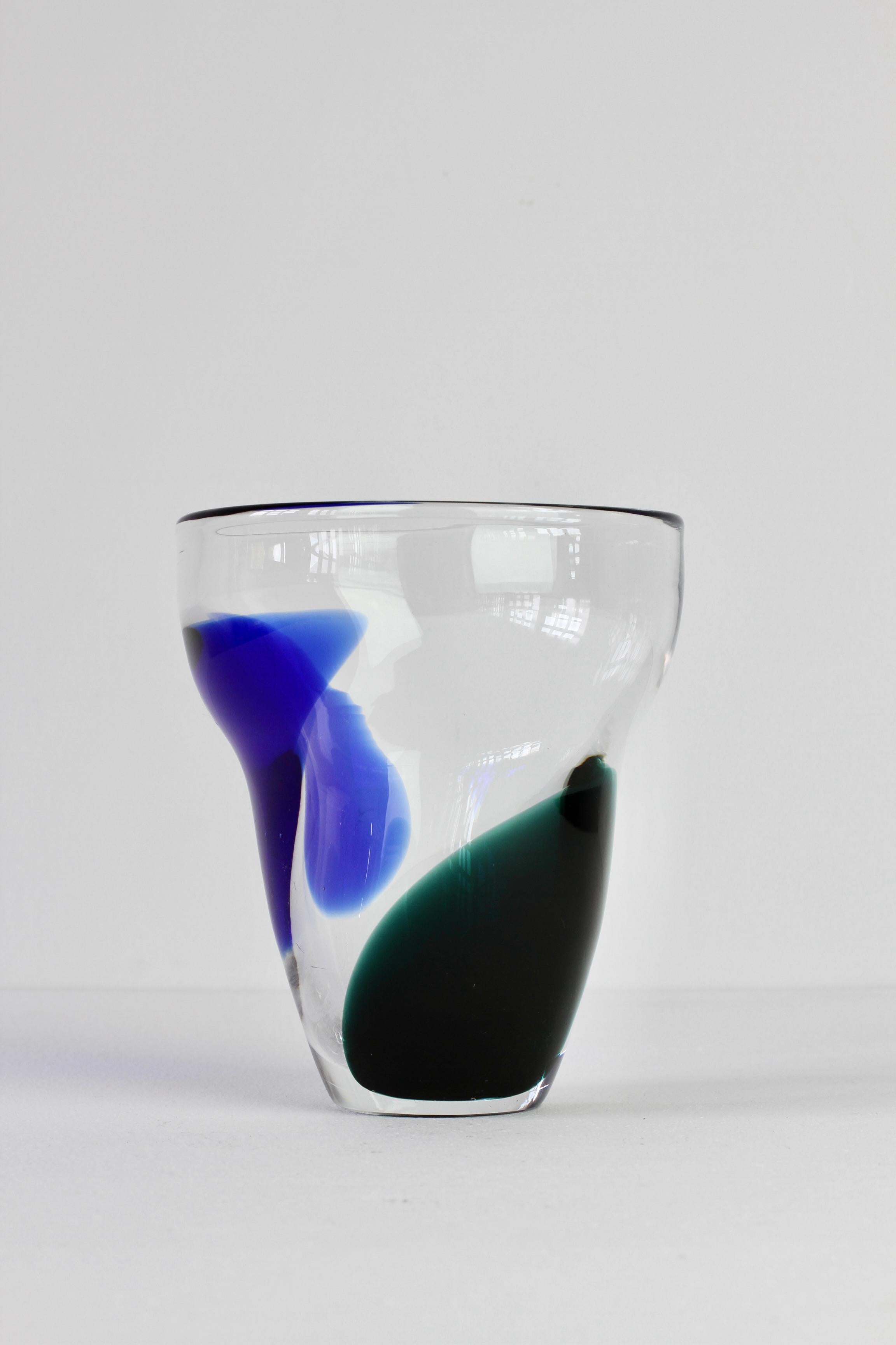 Swedish Blue & Green Patch Vase Signed by Wiktor Berndt for Flygsfors Glass Sweden, 1958 For Sale