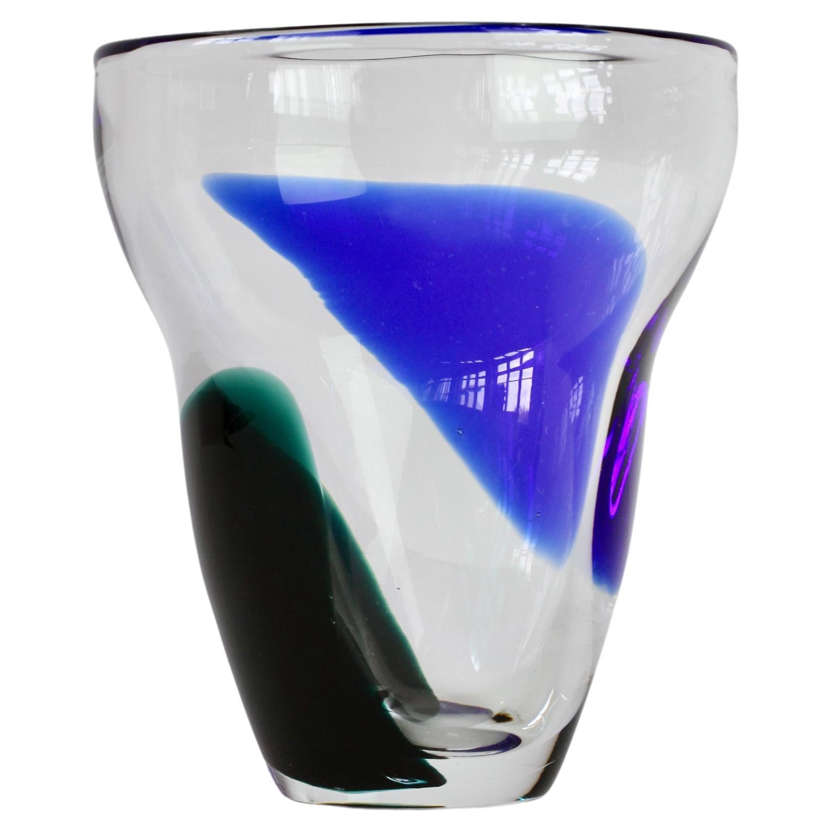 Blue & Green Patch Vase Signed by Wiktor Berndt for Flygsfors Glass Sweden, 1958 For Sale