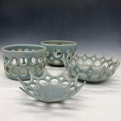 Blue/Green Pierced Cylindrical Ceramic Fruit Bowl