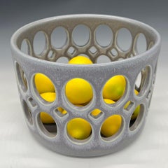 Blue/Green Pierced Cylindrical Ceramic Fruit Bowl