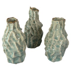 Blue-Green, Porcelain, Hand-Built set of 3 textured vases with gold lustre