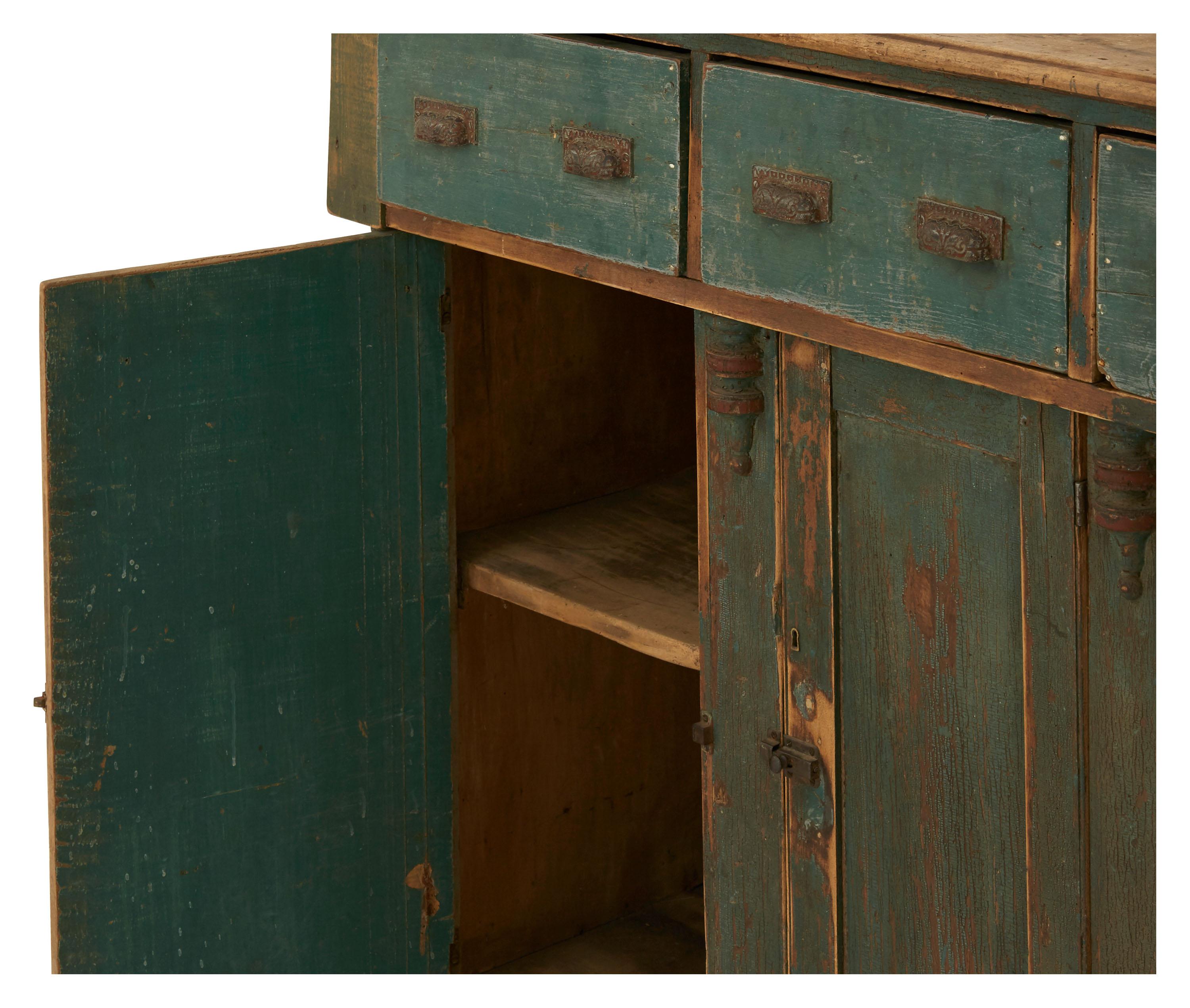 Blue-Green Rustic Primitive Cabinet In Distressed Condition In Chicago, IL