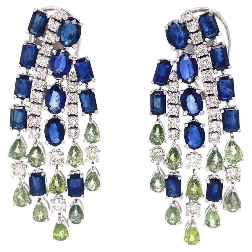 Natural Blue and Green Sapphires Diamond Dangle Earrings in 18k Solid Gold For Sale