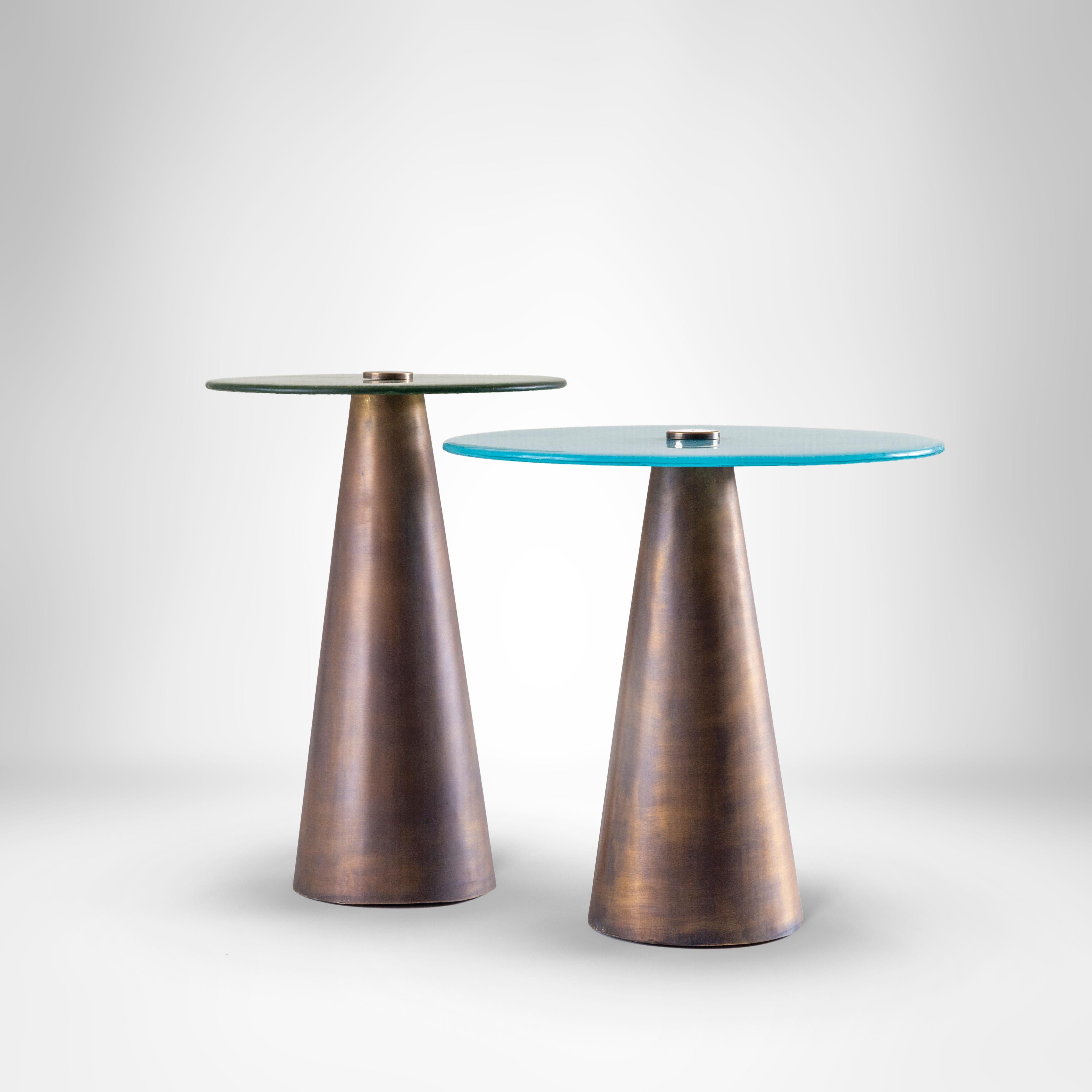Modern Blue & Green Set of Accent Tables with Hand Blown Glass Mounted on Brass Cones For Sale