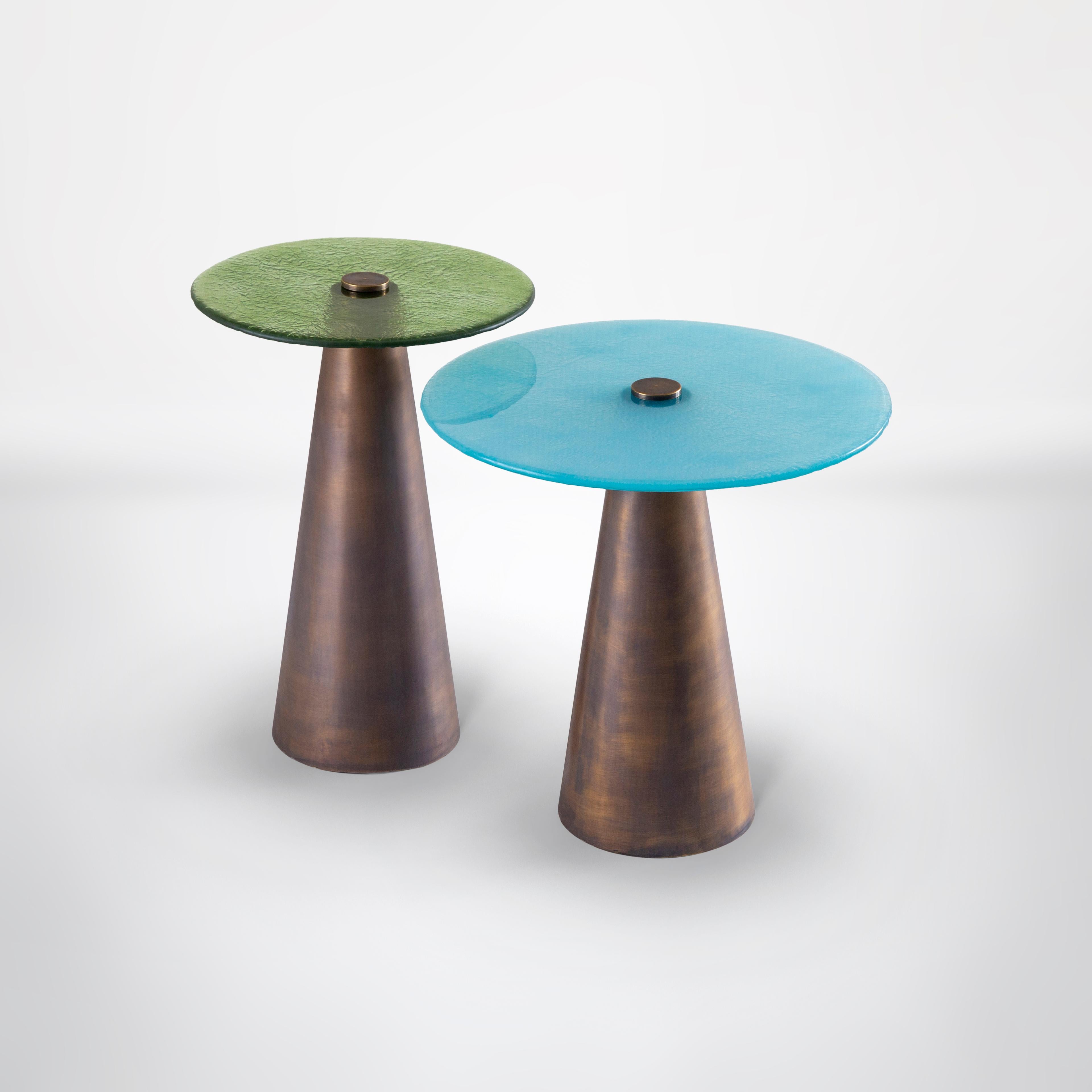 Egyptian Blue & Green Set of Accent Tables with Hand Blown Glass Mounted on Brass Cones For Sale