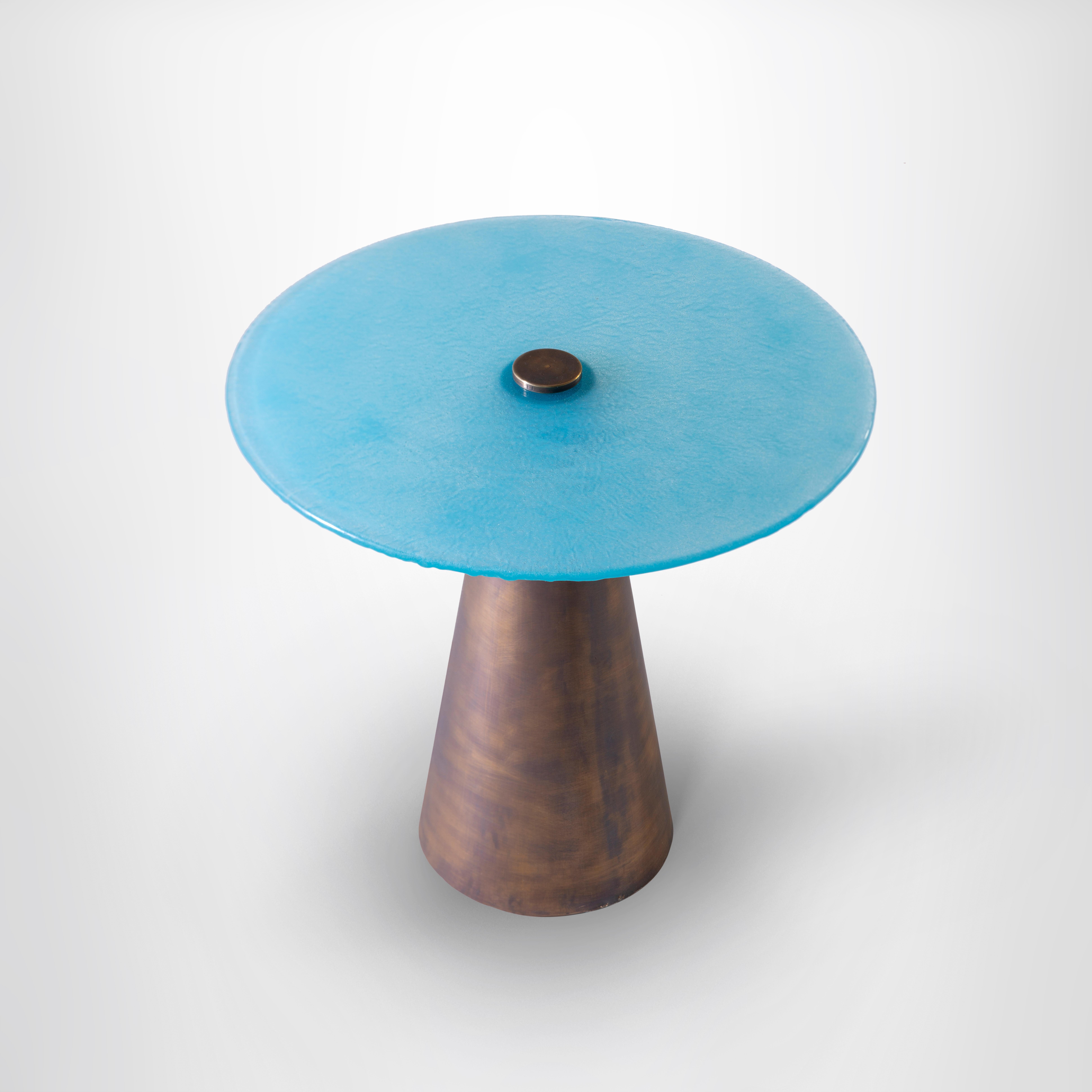 Hand-Crafted Blue & Green Set of Accent Tables with Hand Blown Glass Mounted on Brass Cones For Sale