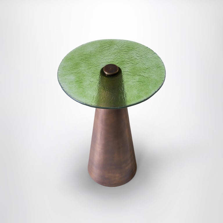 Blue and Green Set of Accent Tables with Hand Blown Glass Mounted on