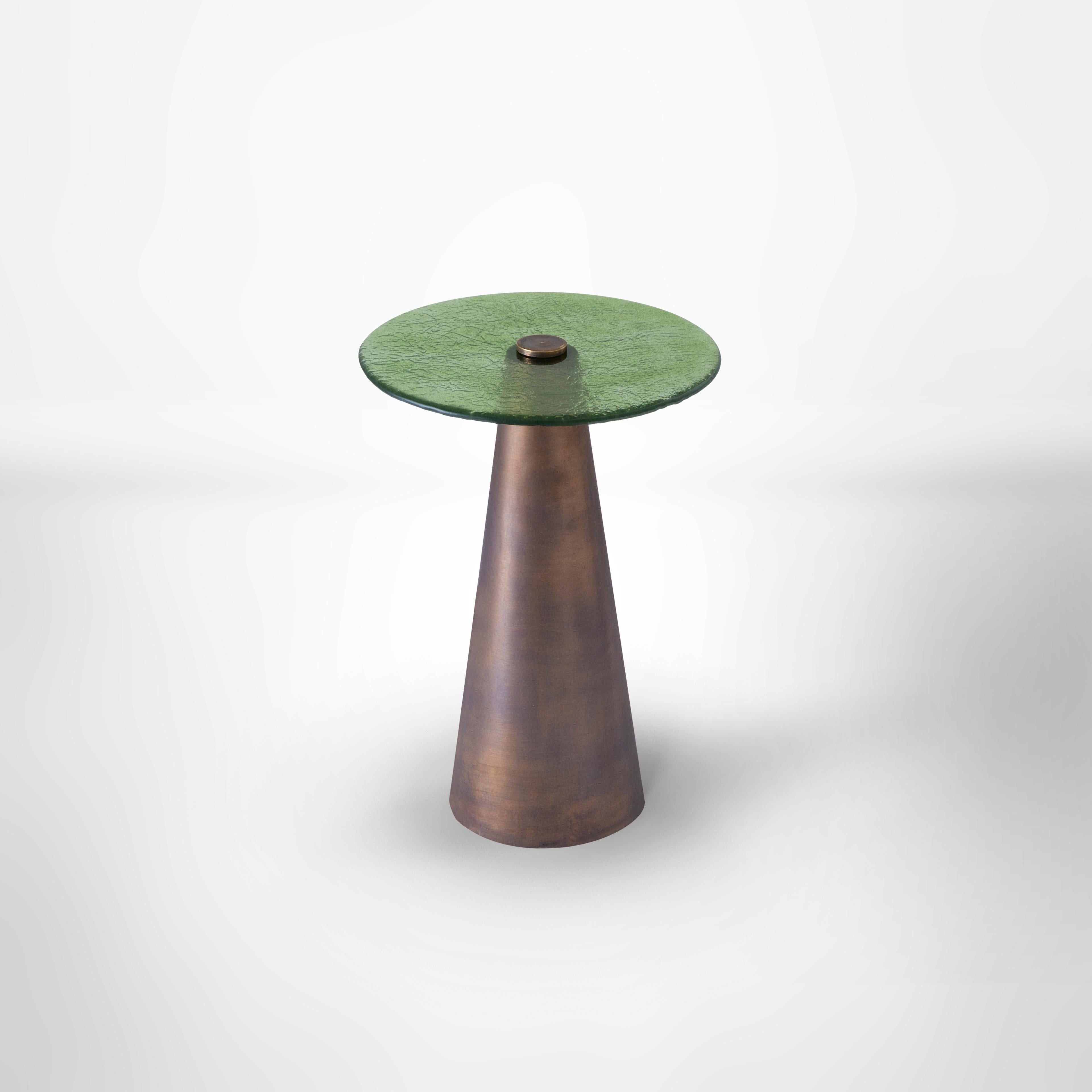 Blue & Green Set of Accent Tables with Hand Blown Glass Mounted on Brass Cones For Sale 1