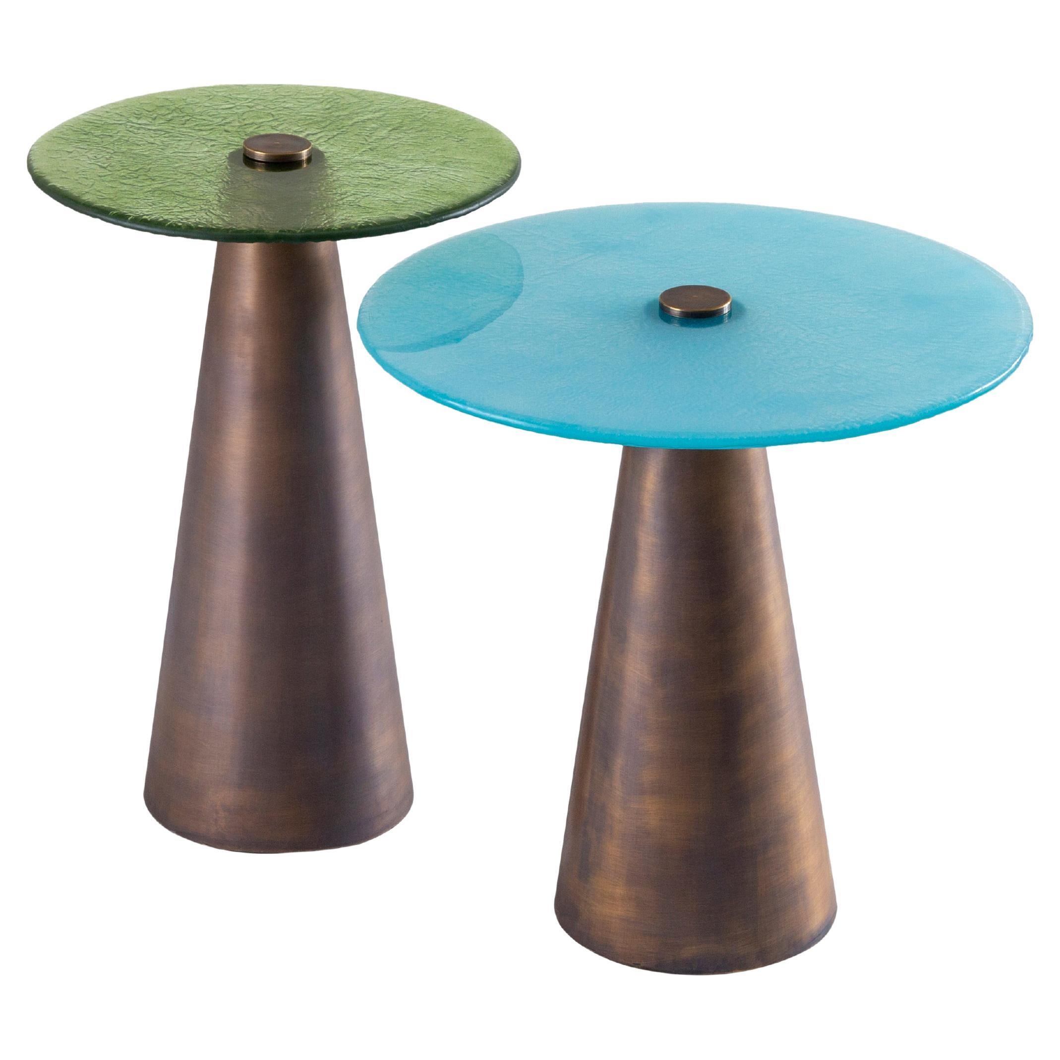 Blue & Green Set of Accent Tables with Hand Blown Glass Mounted on Brass Cones For Sale