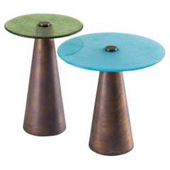 Blue & Green Set of Accent Tables with Hand Blown Glass Mounted on Brass Cones