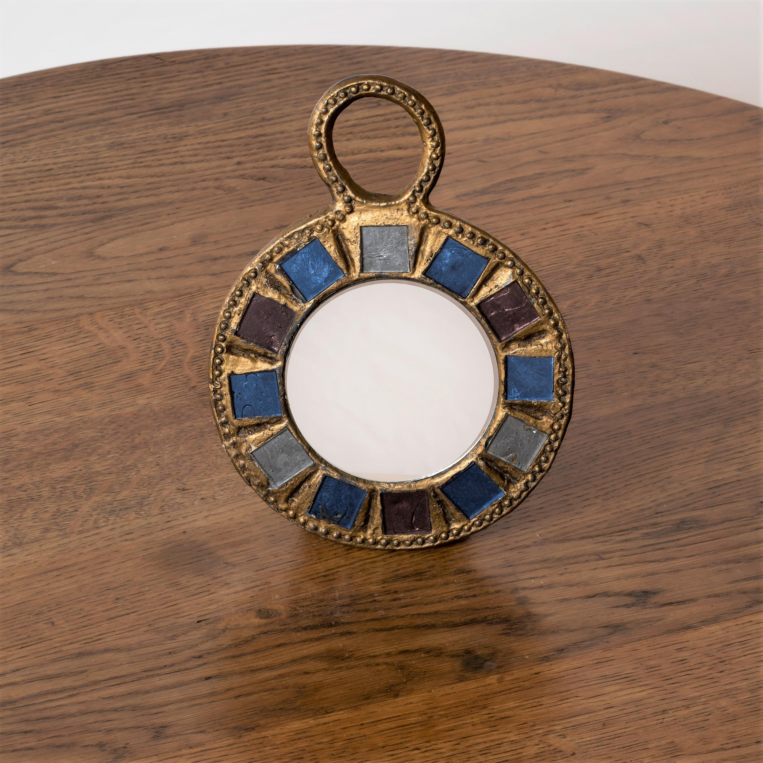 Blue & Green Talosel Gilt Metal Mirror by Irena Jaworska - France 1970's In Good Condition For Sale In New York, NY