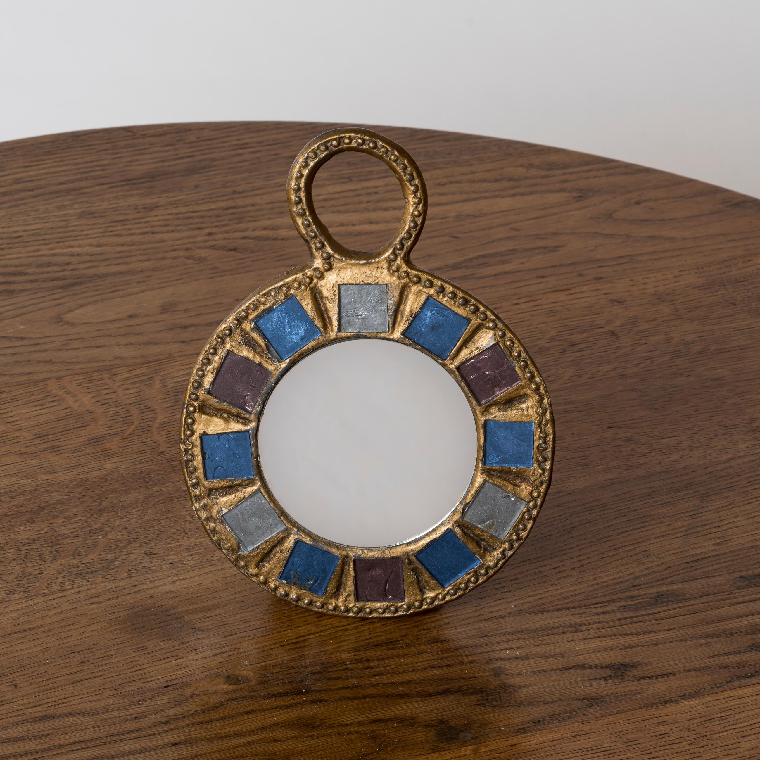 Late 20th Century Blue & Green Talosel Gilt Metal Mirror by Irena Jaworska - France 1970's For Sale